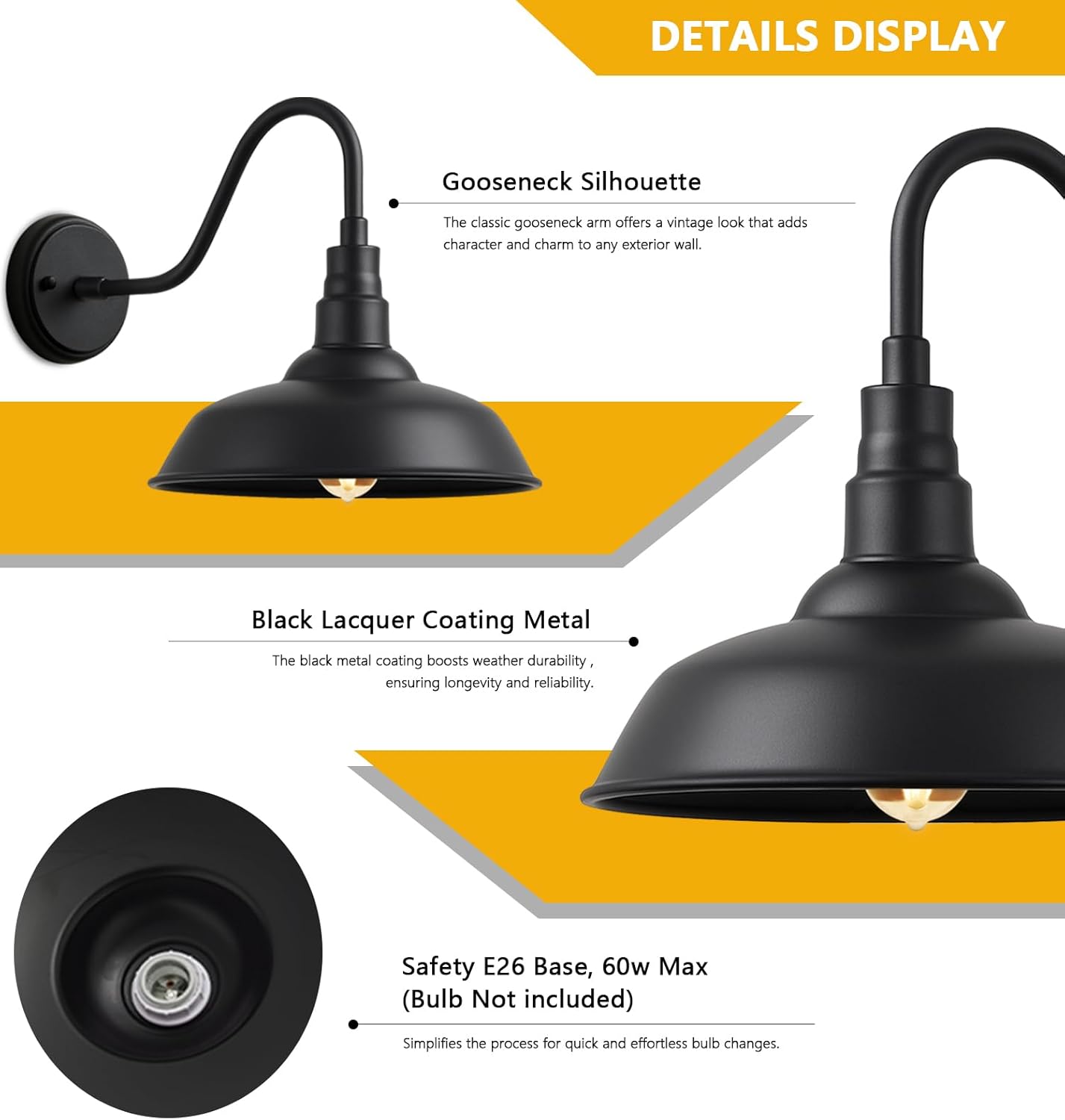 10" Outdoor Barn Gooseneck Light, Classic Farmhouse Style Black Outdoor Light Fixture, Industrial Wall-Mounted Barn Light for Garage, Porch, and Patio, 2-Pack