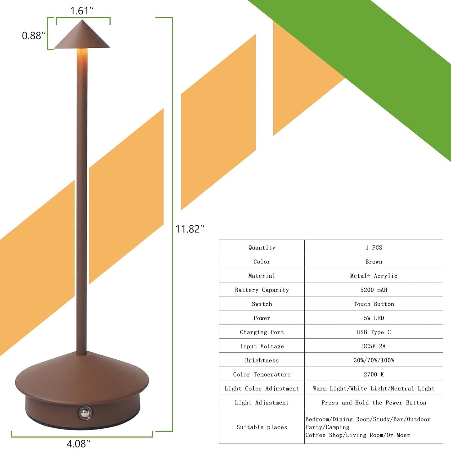 Cordless LED Table Lamp, Rechargeable 5200mAH Battery Operated Lamp for Decor, 3 Color Stepless Dimming Desk Lamps, for Restaurant, Bedroom, Outdoor Camping, Coffee Shop, Night Light