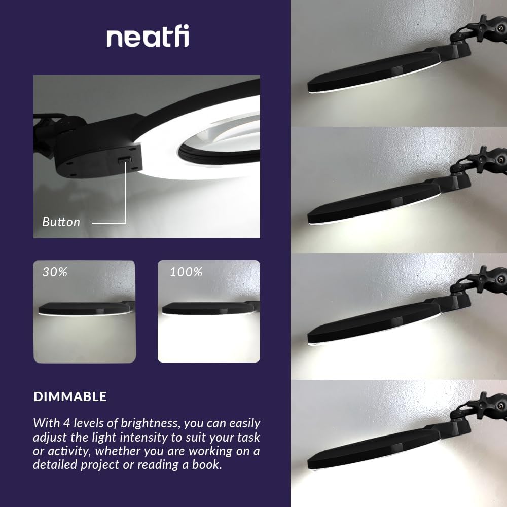 Neatfi XL Bifocal LED Magnifying Lamp, 7-Inch Acrylic Lens, 5D/20D Magnification, Hands-Free, Dimmable, 84 SMD LEDs, Adjustable Arm for Crafts, Reading, Close Work (Black, CCT with Clamp)