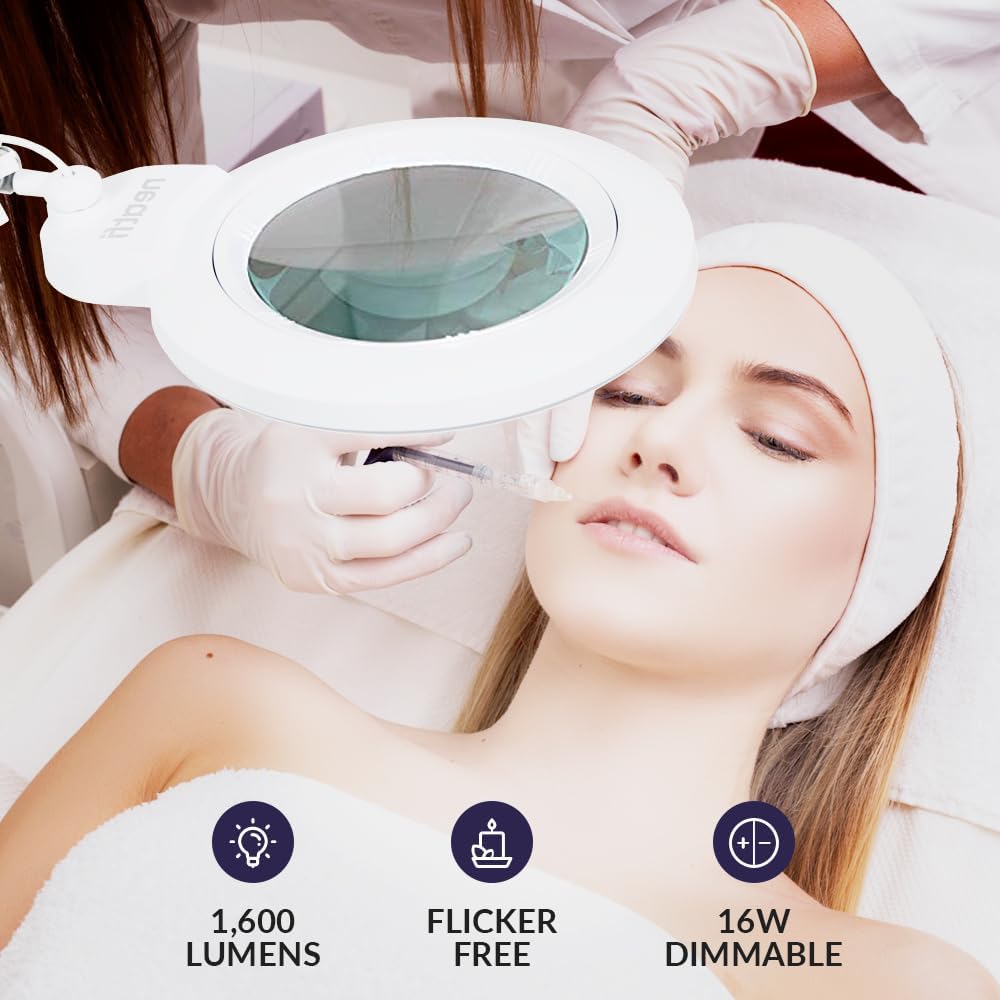 Neatfi XL Bifocal LED Magnifying Lamp, 7-Inch Lens, 5D/20D Magnification, Hands-Free, Dimmable, 84 SMD LED, Adjustable Arm for Crafts, Reading, Close Work (White, Glass Lens with Clamp)