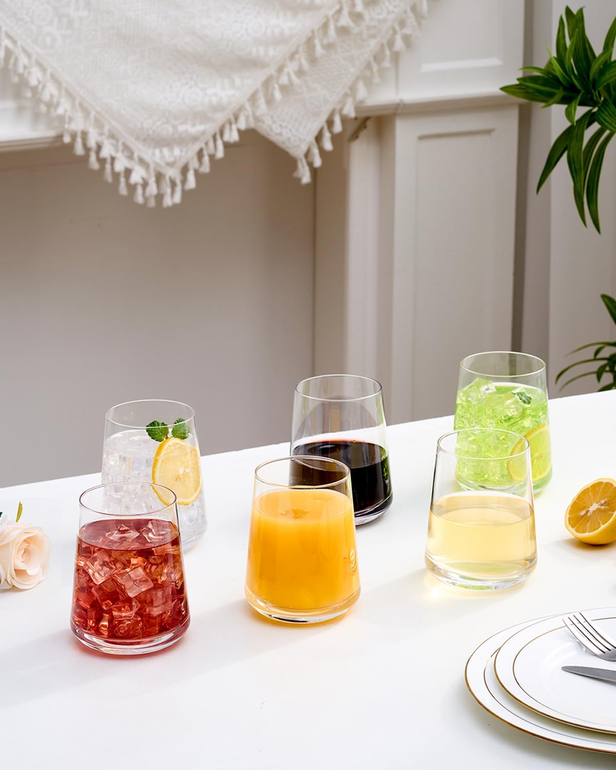 Crystal Stemless Wine Glasses Set of 6, 17 oz Hand-blown Drinking Glasses for Red and White Wine, Universal Drinking Glasses for Juice and Water, Thickened Base & Dishwasher Safe