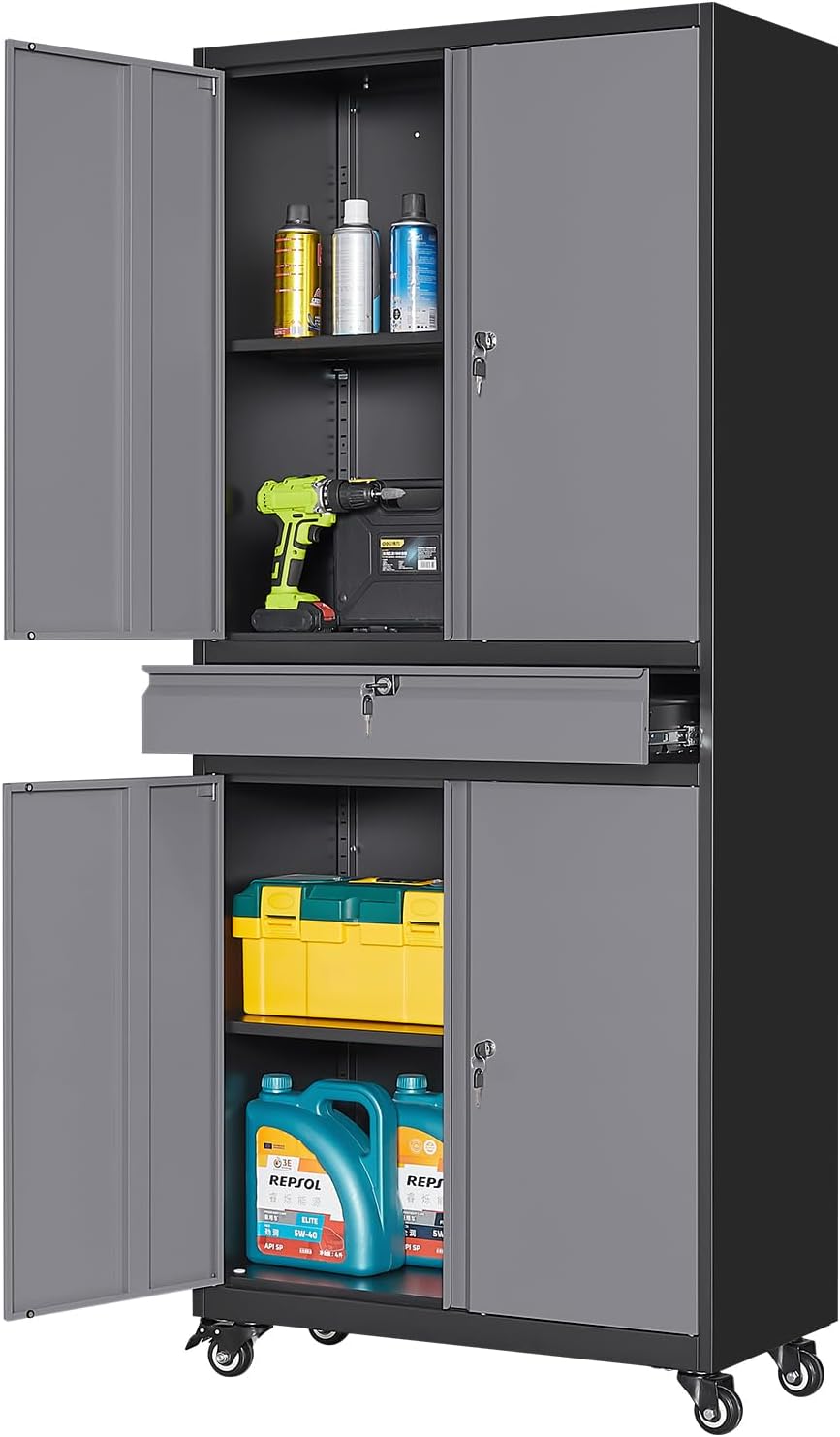 Yizosh Metal Garage Storage Cabinet with Locking Doors and Adjustable Shelves, -73" Steel Rolling Tool Storage Cabinet with 4 Wheels and 1 Drawer for Garage,Office,Warehouse