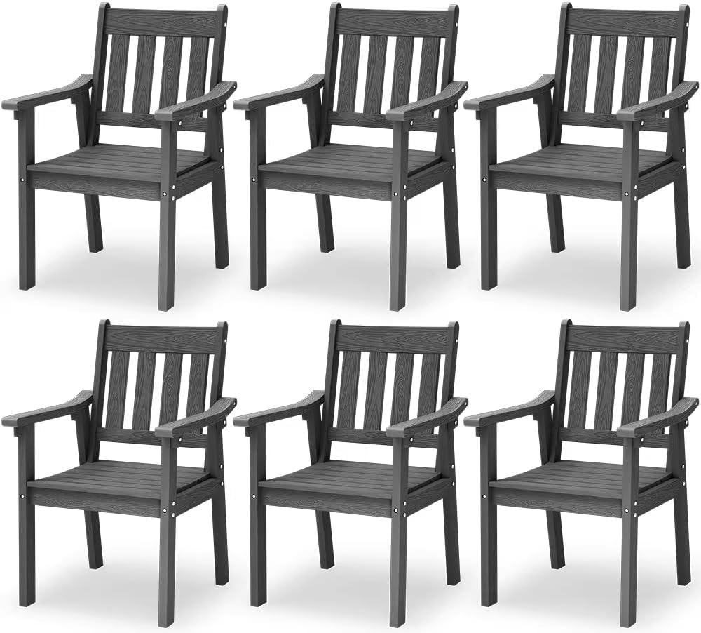 YEFU Patio Dining Chairs Set of 6: All Weather Outdoor Dining Chairs with Wide Curved Seat and Backrest - Outdoor Furniture Plastic for Outside Backyard/Garden/Porch/Deck 350lbs Capacity Grey