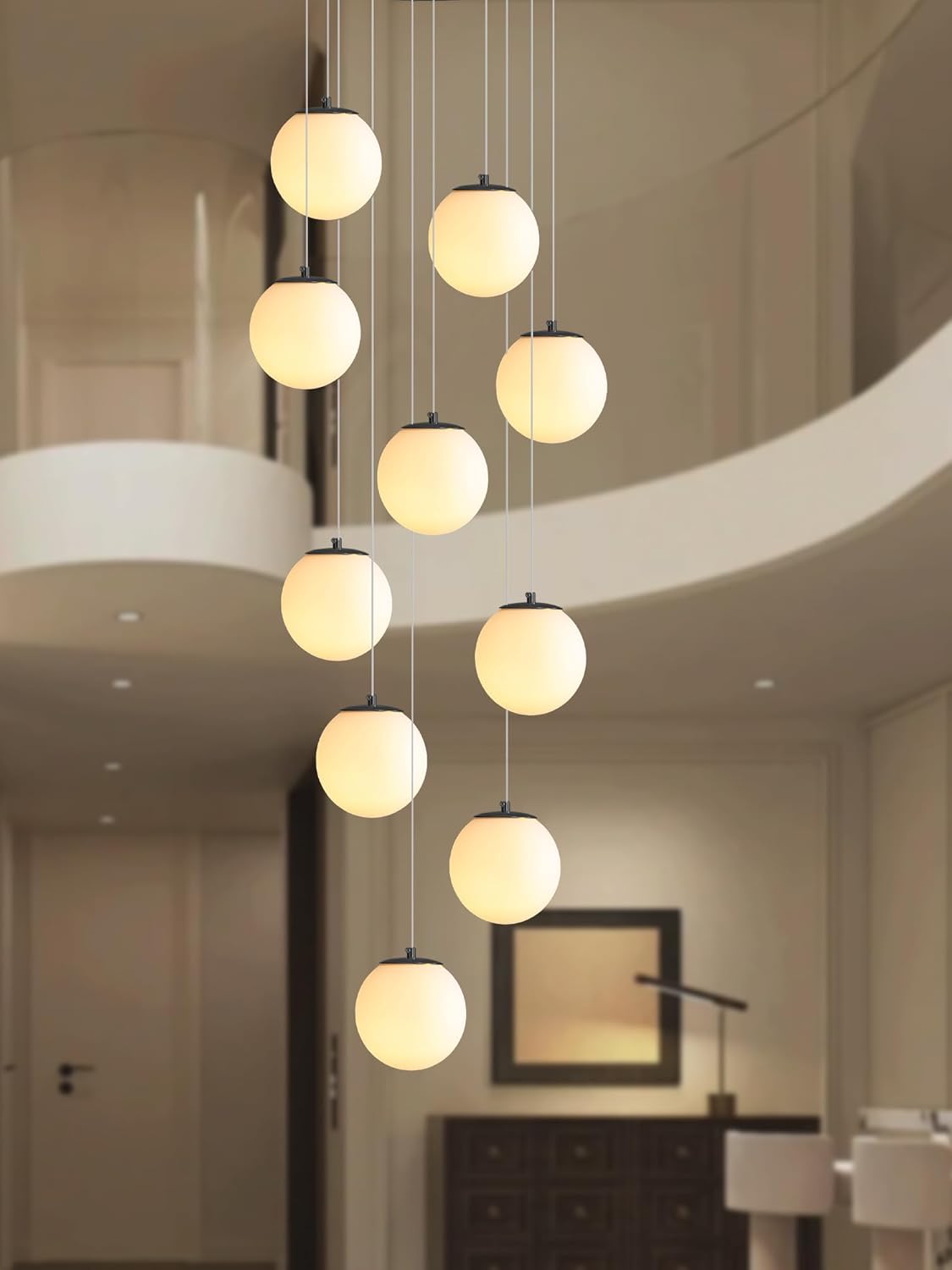 10-Light Black Chandelier with White Globe Glass Dimmable Ceiling Light Glass Pendant Light for Kitchen Island, Dining Room, Living Room, Entry Hallway, LED Bulbs Included