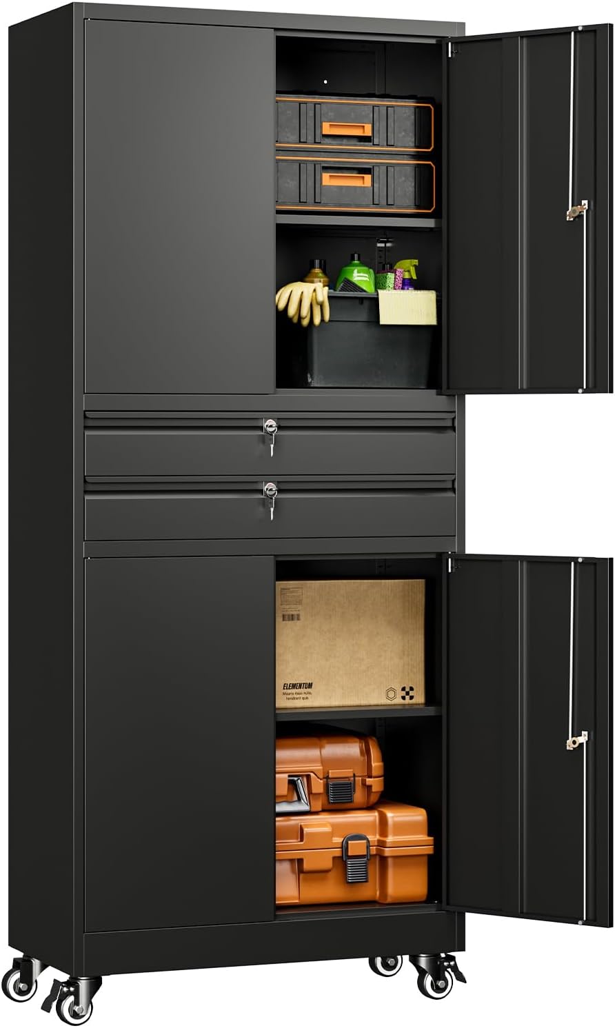 Yizosh Metal Garage Storage Cabinet with Locking Doors and Adjustable Shelves, 74" Rolling Tool Storage Cabinet with 4 Wheels and 2 Drawer for Garage,Warehouse