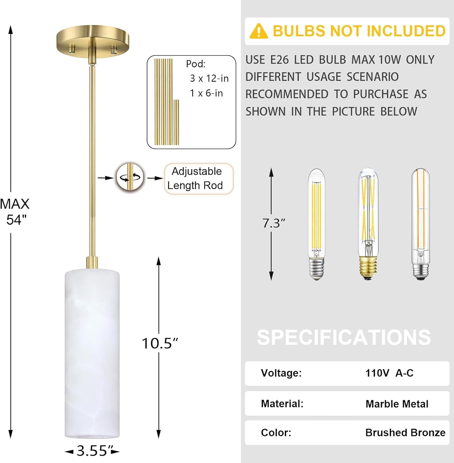 1 Light Modern Industrial Farmhouse Hanging Kitchen Island Pendant Ceiling Light Fixture,Cylinder Natural Alabaster Marble Brushed Bronze Finish Over Sink Restaurant bar Corridor
