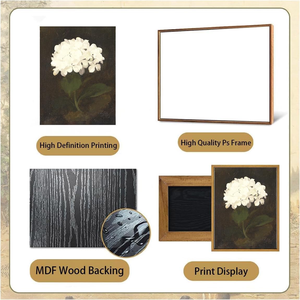 Djmwtb Vintage Framed Wall Art White Hydrangea Canvas Wall Art Minimalist Floral Art Prints Flower Botanical Painting Pictures Wall Decor Artwork for Living Room Bedroom Bathroom 8x10in