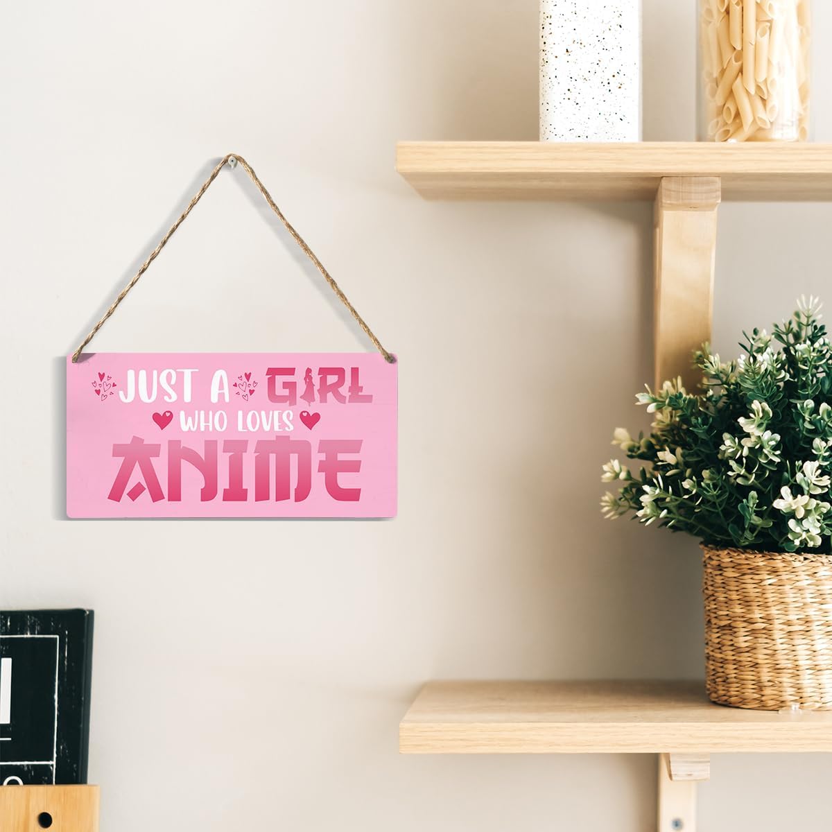 Funny Just a Girl Who Loves Anime Wood Sign Rustic Anime Lovers Wooden Hanging Plaque for Home Living Room Girl Bedroom Wall Art Decoration 6 x 12 Inches Present.pink