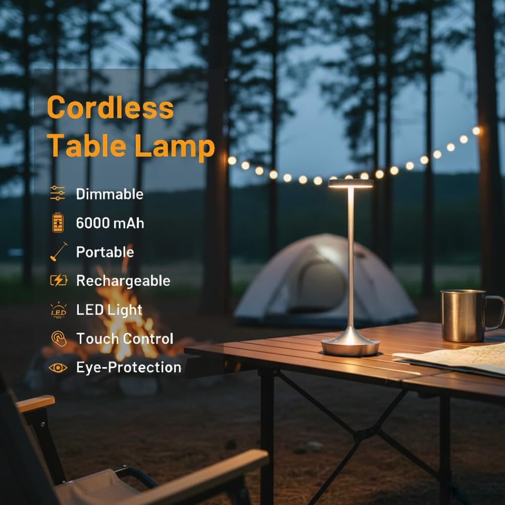 Cordless Table Lamp Rechargeable - 6000mAh LED Battery Operated Table Light - Portable Touch Dimmable Outdoor Waterproof Table Lamps for Patio Bar Restaurant Dining (2 Silver)
