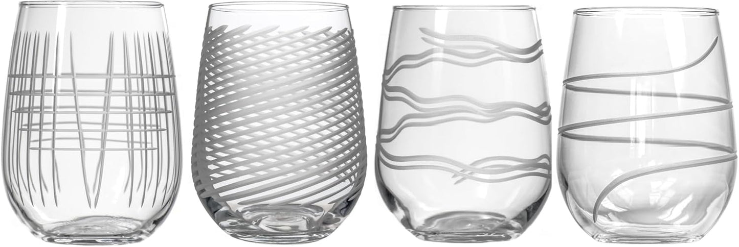 Rolf Glass Symmetry Stemless Wine Glass | 17oz Tumblers | Mixed Contemporary Designs: Cyclone, Twist, Good Vibrations, Matchstick | Made in the USA | Lead-Free, Diamond Engraved Glass | Set of 4