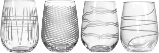 Rolf Glass Symmetry Stemless Wine Glass | 17oz Tumblers | Mixed Contemporary Designs: Cyclone, Twist, Good Vibrations, Matchstick | Made in the USA | Lead-Free, Diamond Engraved Glass | Set of 4
