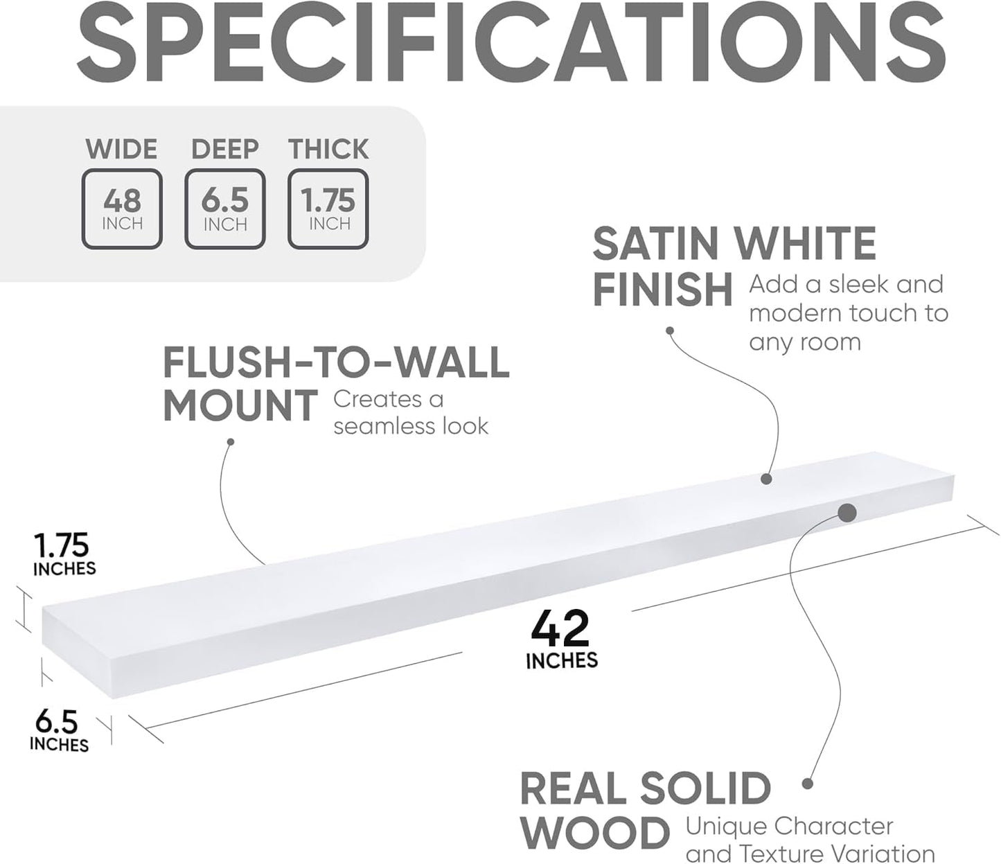 Homeforia White Floating Shelves 42 inch, High End Solid Real Wood 42inch Floating Shelf for Wall Mounted, White Wooden 42in Long Floating Shelves, Heavy Duty Bracket, 42 X 6.5 X 1.75 inches, Set of 3