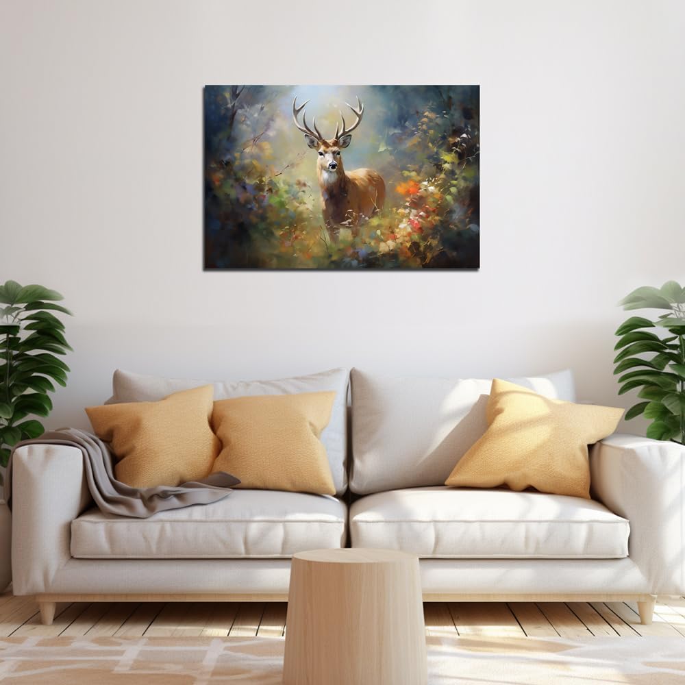 Deer Wall Art Decor Elk Canvas Pictures Forest Landscape Theme Art Print Wildlife Artwork for Living Room Watercolr Animal Canvas Art for Bedroom Bathroom Home Office Decorations(24"×36")