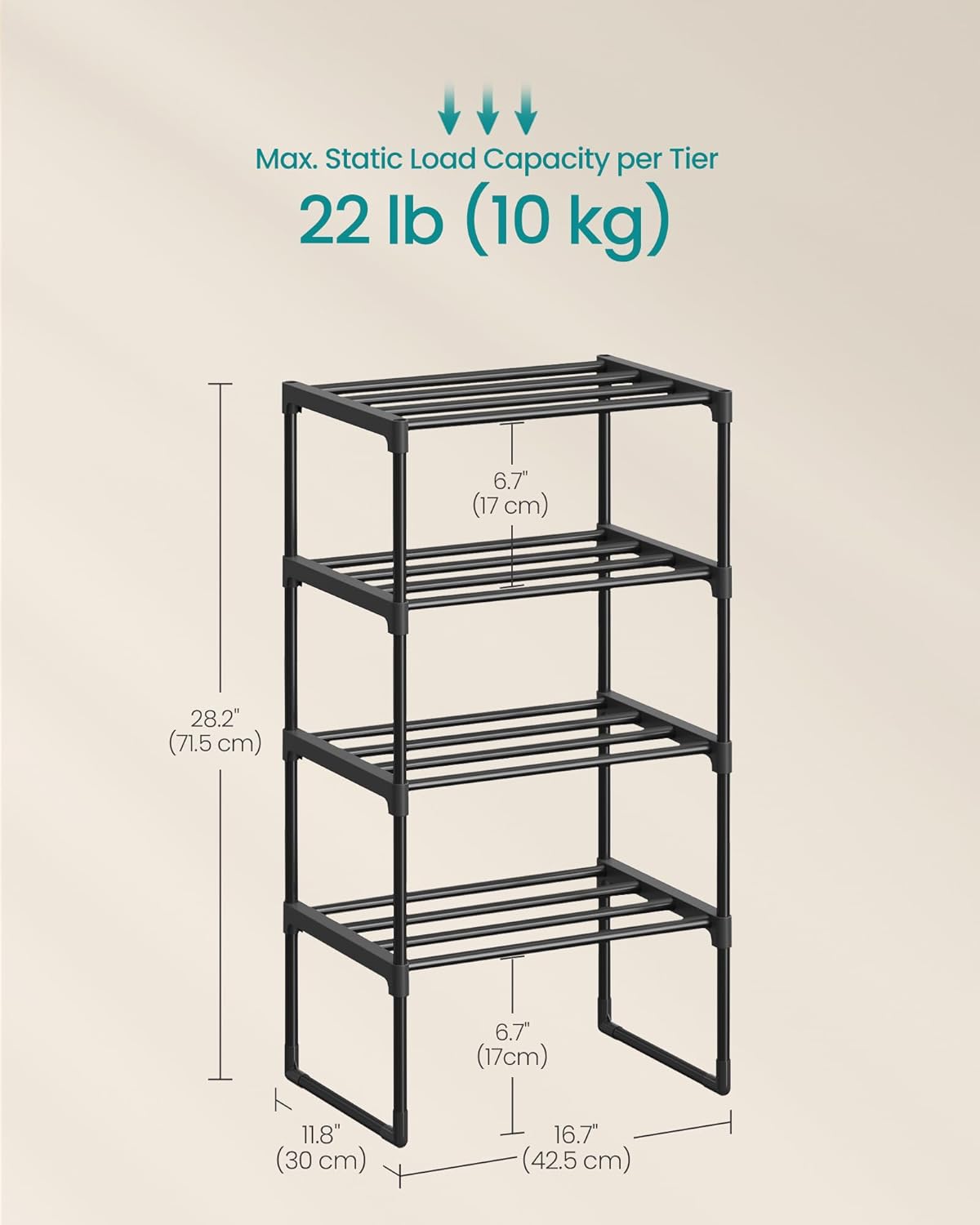 SONGMICS Shoe Rack, 4-Tier Shoe Organizer, Metal Storage Shelf, Upright or Upside Down, for 5-10 Pairs, Stackable, for Entryway, 11.8 x 16.7 x 28.2 Inches, Black ULSA004B01