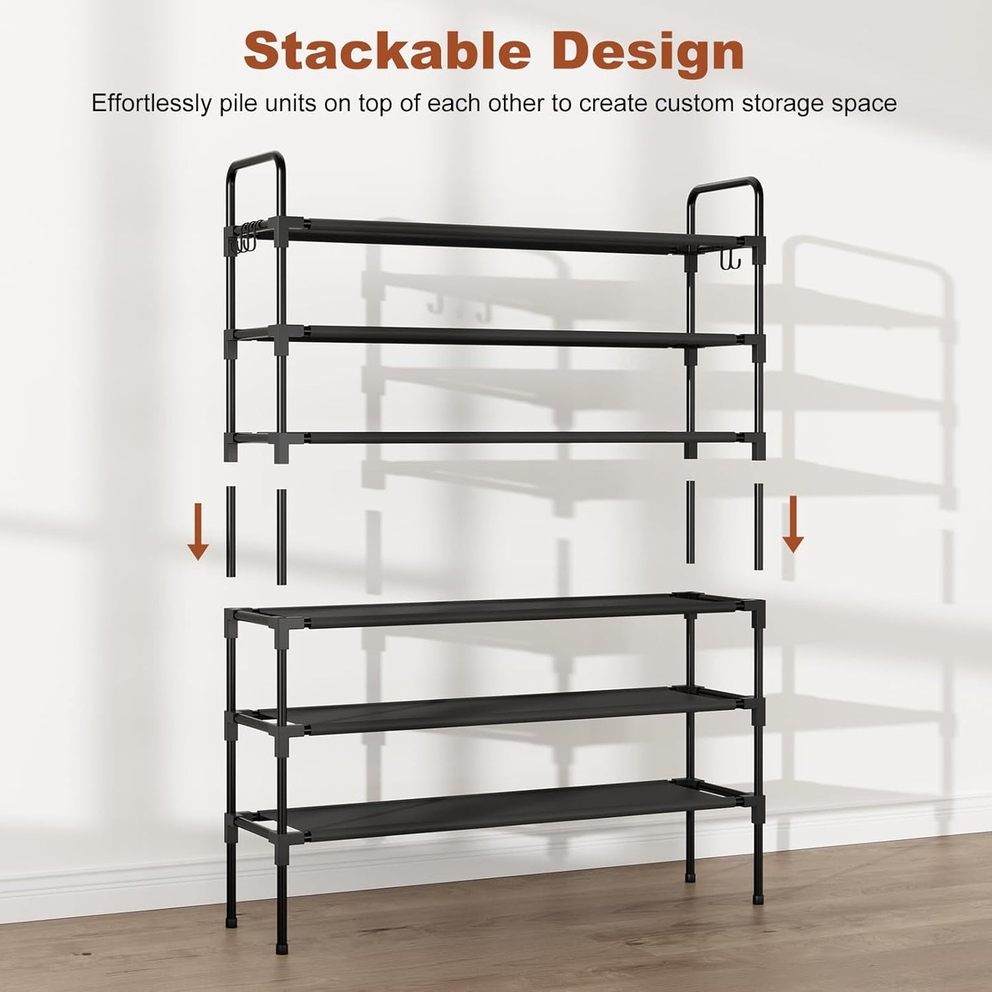 3-Tier Shoe Rack for Closet, Stackable Shoe Organizer with 5 Hooks, Long Shoe Shelf Storage for Sneakers & Boots, Free Standing Shoe Rack for Entryway Dorm Garage Small Spaces, Black