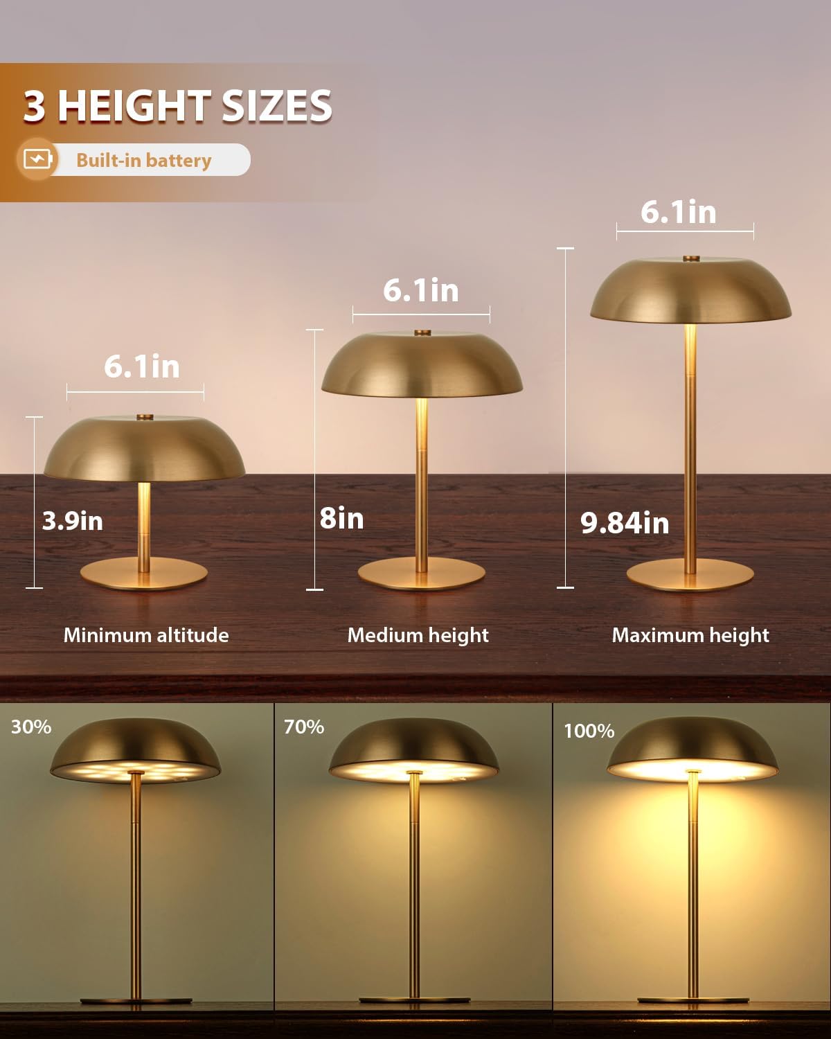 Gold Cordless Table Lamp – Rechargeable Touch Lamp with 3-Color Dimming & Adjustable Height，Battery Powered lamp for Bedside, Bar, Desk, Outdoor Patio,Restaurant，Modern Luxury Decor