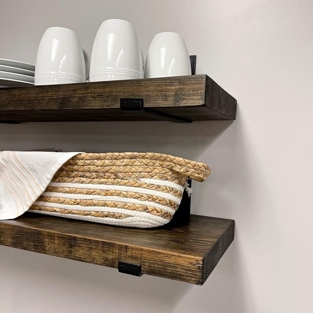 Rustic Shelves with J-Brackets Set of 2, Industrial Shelf, Kitchen Shelves, Solid Wood, Decorative Wall Storage, Heavy Duty, URBANDI (Dark Brown, 36Wx8D)
