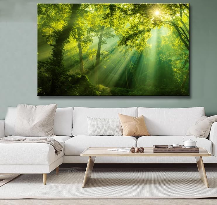 Green Forest Canvas Wall Art Dense Trees in the Sunshine Picture Print Landscape Painting Spring Nature Artwork Decor for Living Room Bedroom Office Decoration - - 24”x36”