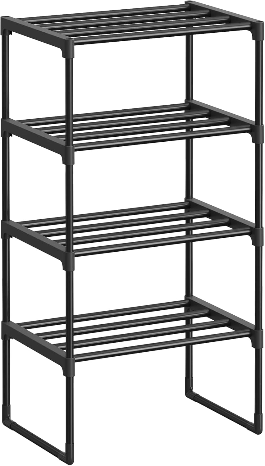SONGMICS Shoe Rack, 4-Tier Shoe Organizer, Metal Storage Shelf, Upright or Upside Down, for 5-10 Pairs, Stackable, for Entryway, 11.8 x 16.7 x 28.2 Inches, Black ULSA004B01