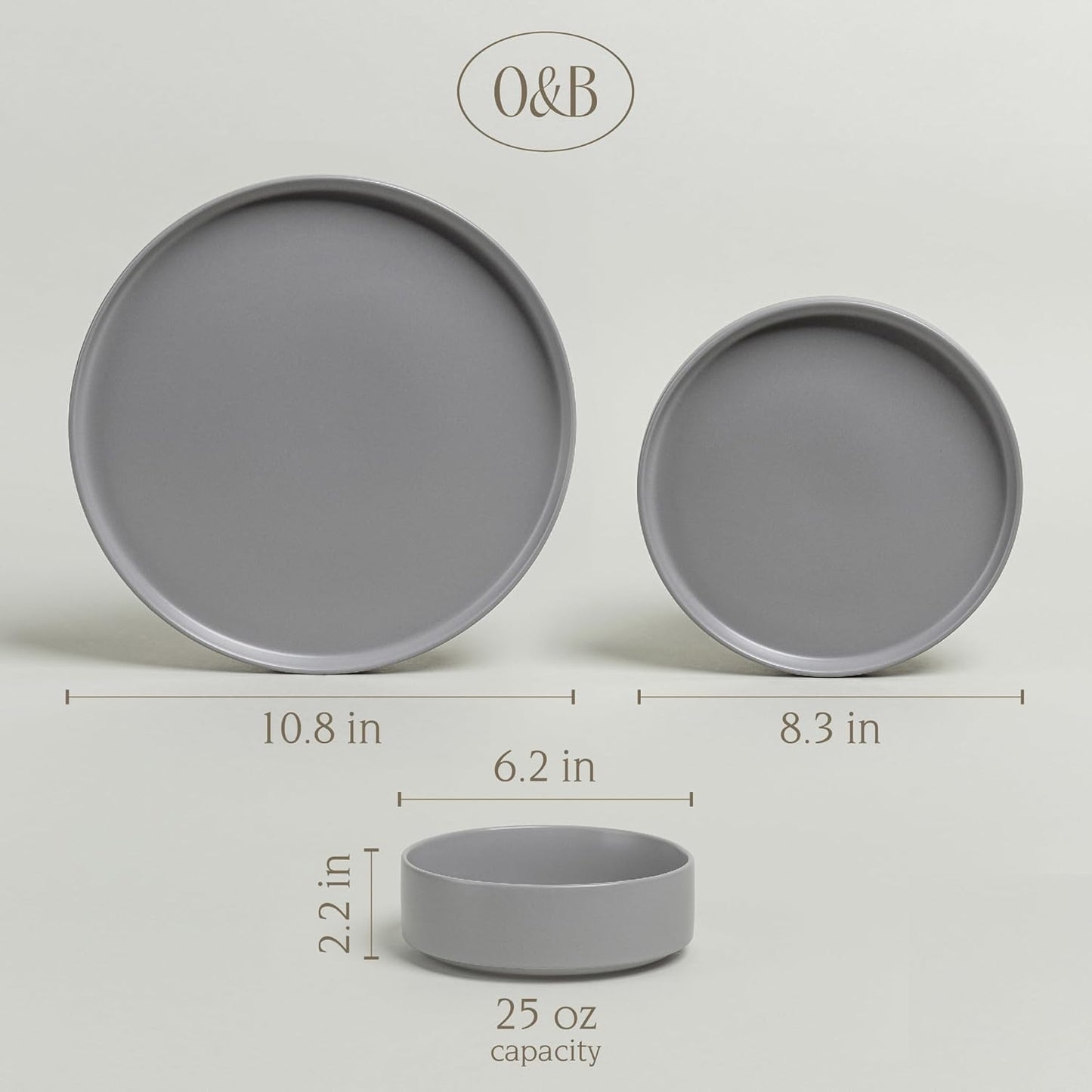 over&back 12-Piece Stackable Dinnerware Dish Set - Stoneware Dishes - Includes 4 Dinner Plates, 4 Salad Plates, 4 Cereal Bowls, and 4 Dinner Bowls - All-Occasion Place Settings - Semi-Matte Charcoal