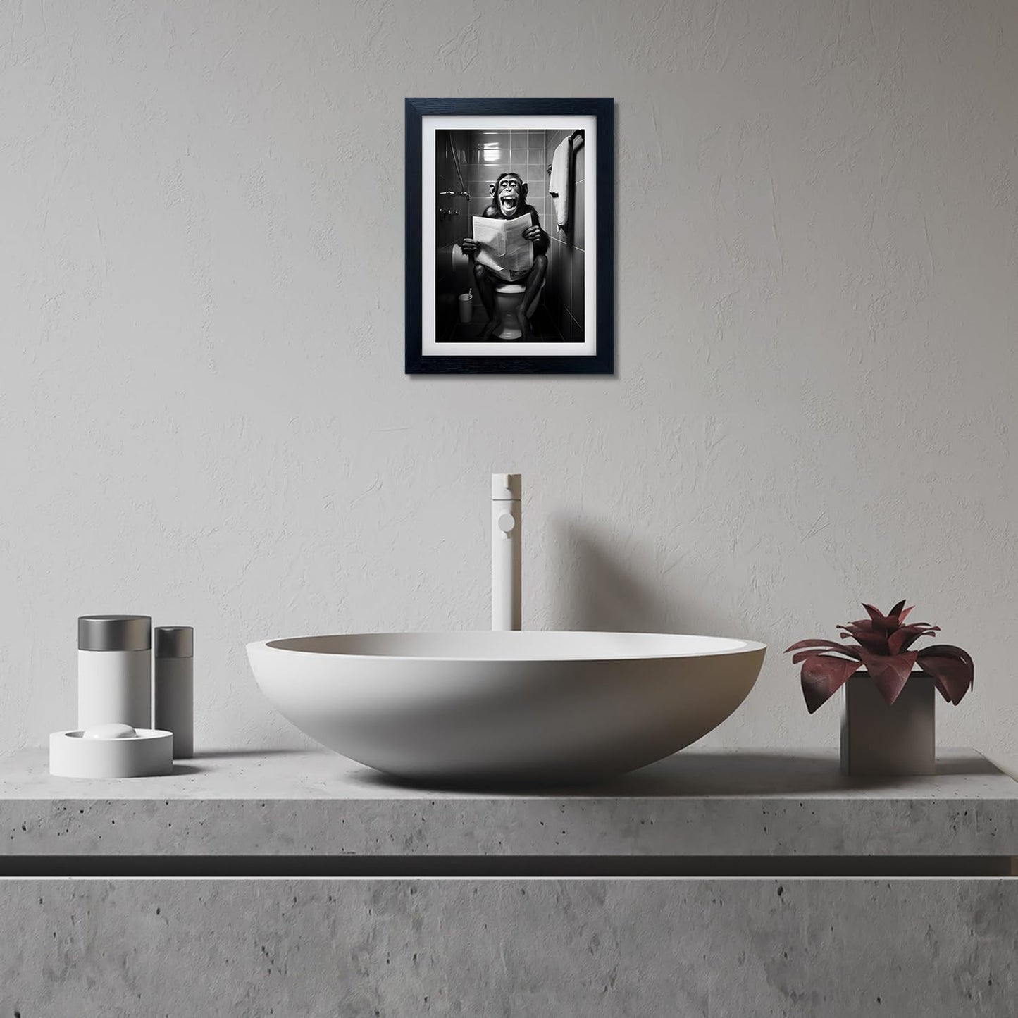 Framed Black and White Animal Bathroom Wall Art Monkey Reading Newspaper Toilet Humor Decor Funny Bathroom Wall Decor