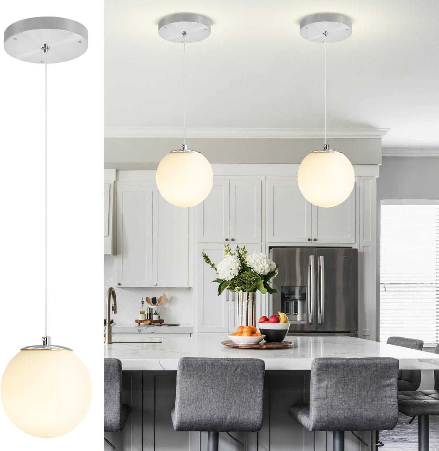 1-Light Modern Globe Pendant Light Fixtures Silver Chandelier with White Globe Glass Dimmable Ceiling Light Glass Pendant Light for Kitchen Island, Dining Room, Living Room, Entry Hallway