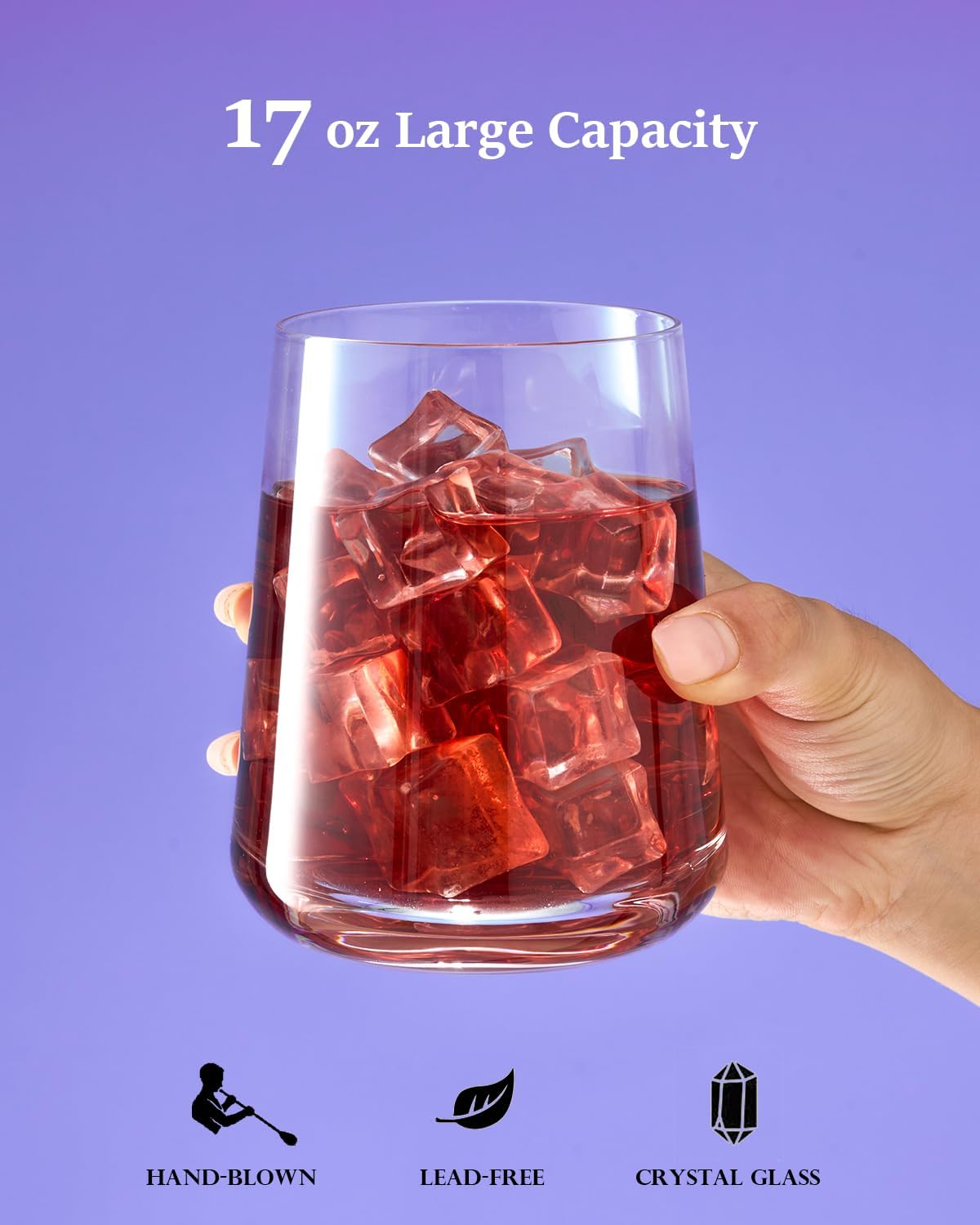 Crystal Stemless Wine Glasses Set of 6, 17 oz Hand-blown Drinking Glasses for Red and White Wine, Universal Drinking Glasses for Juice and Water, Thickened Base & Dishwasher Safe