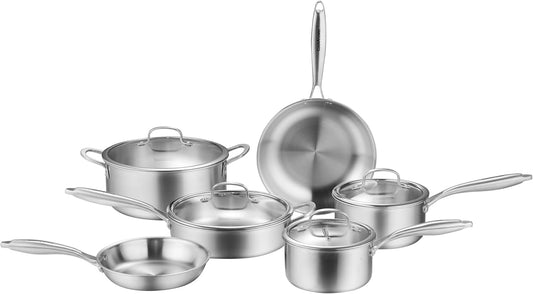 10-Piece Tri-Ply Stainless Steel Cookware Set - Induction-Ready, Glass Lids,Pots and Pans Kitchen Set, Riveted Handles, Dishwasher Safe, Compatible with All Cooktops