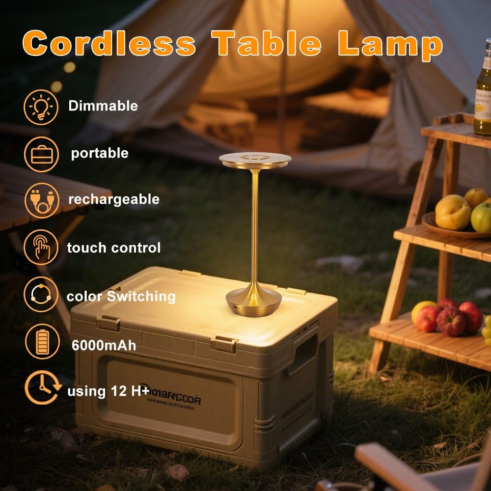 EJQ Rechargeable Cordless Table Lamp, 6000mAh Battery Operated LED Table Lights Outdoor Portable Touch Dimmable Table Lamp for Bedroom Patio Cofee Restaurant Dining Home Set of 2-Gold