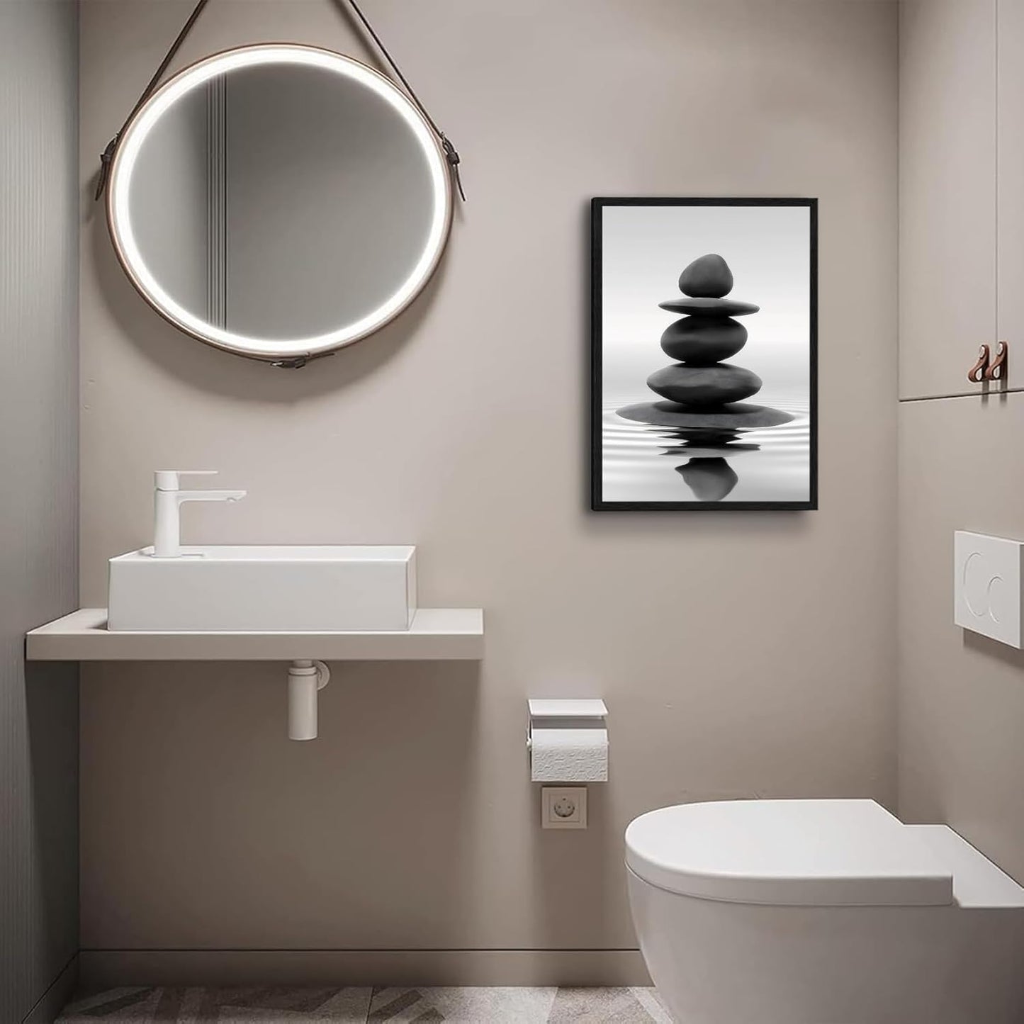 DCMVJHZV Framed Black and White Bathroom Wall Art Zen Stones in the water Bathroom Wall Art Yoga Meditation Picture Wall Decor Spa Room Bedroom Living Room Wall Painting Print (12"x16")