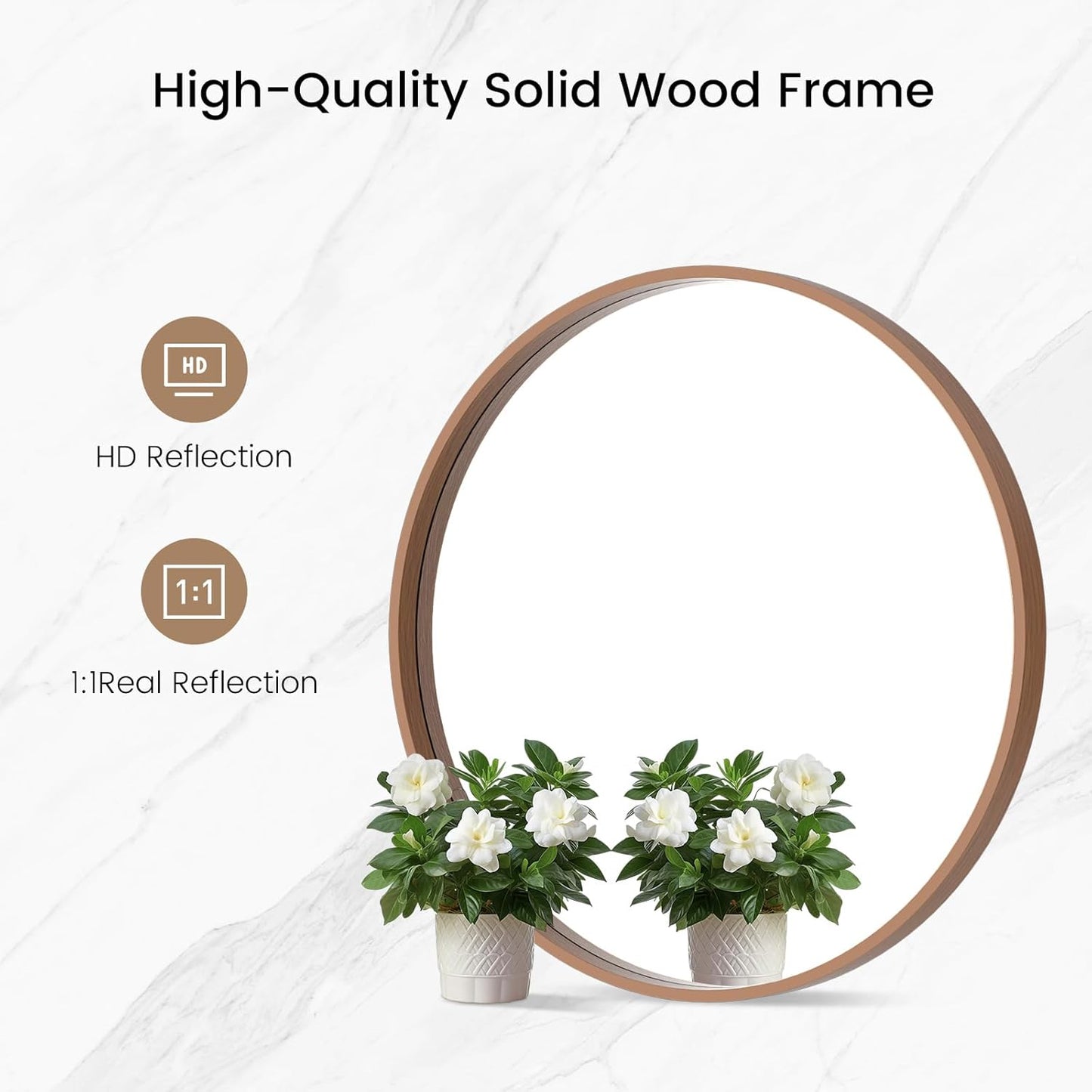WallBeyond Wood Round Mirror with Wood Frame 24 inch Circle Wall Mirror for Bathroom Round Wall Mirror for Wall Decor, Vanity, Entryway Living Room (Walnut)