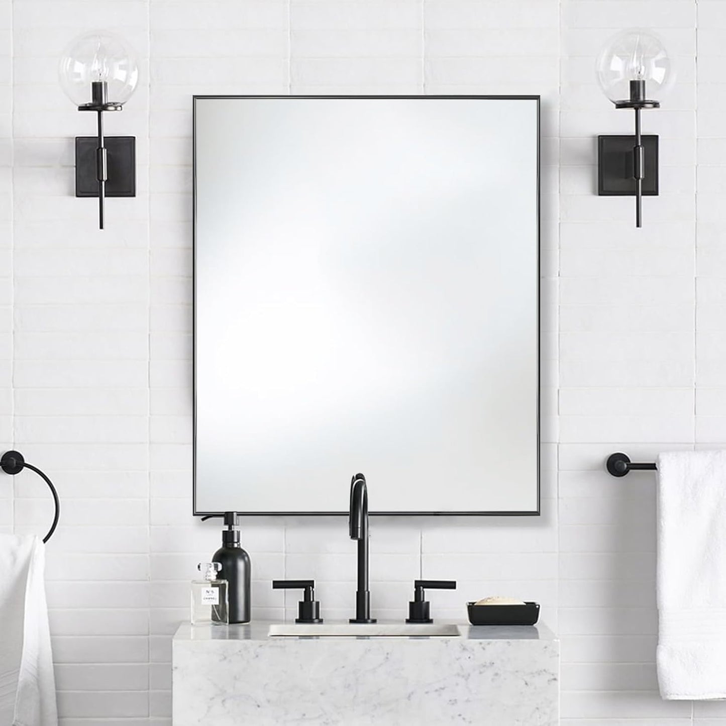 24x36 Inch Black Bathroom Mirror for Wall, Aluminum Frame Rectangle Rectangular Vanity Mirror, Modern Large for Bedroom, Living Room, Horizontal or Vertical