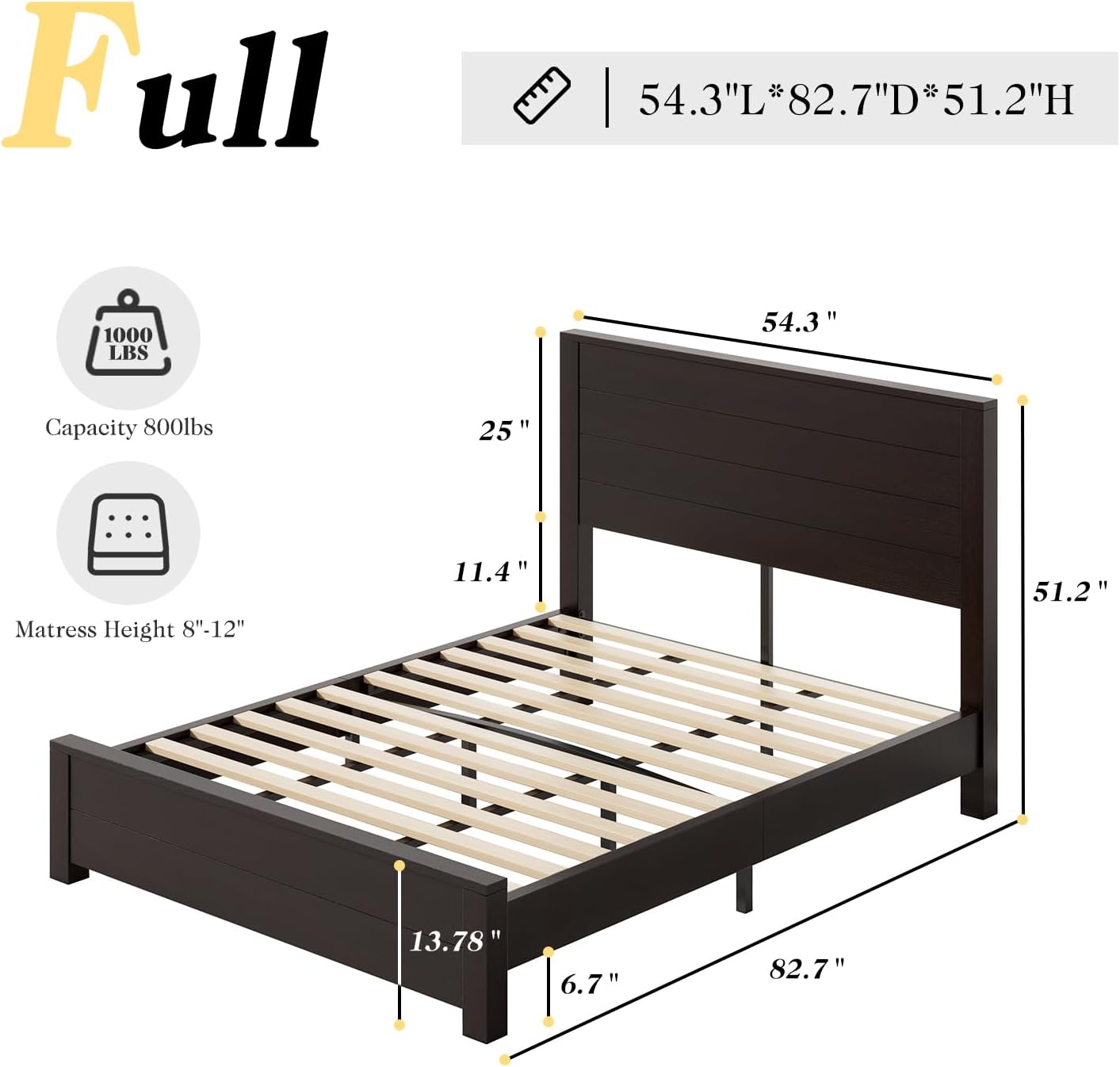 51.2" H Wood Bed Frame with Headboard, Platform Bed Frame Full Size with Wooden Slat Support, No Box Spring Needed/Easy Assembly, Rustic Pine, Deep Brown