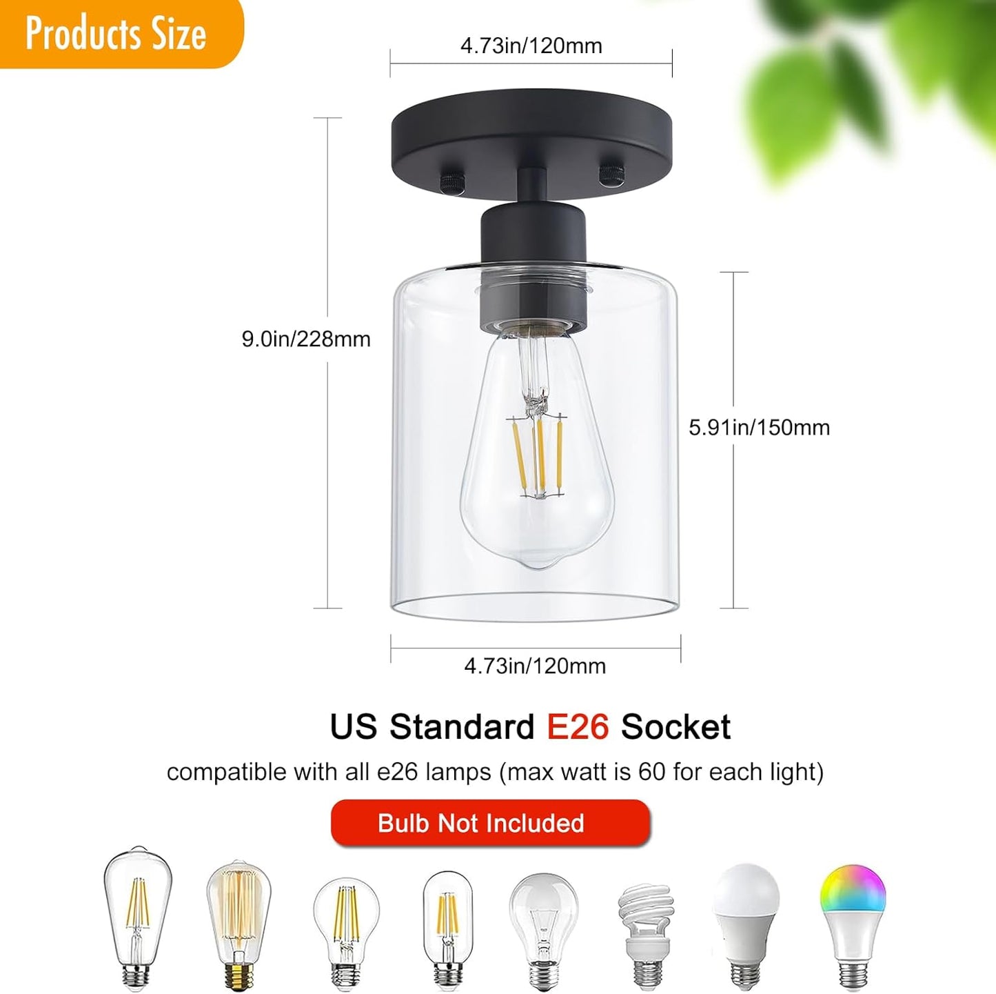 1 Light Semi Flush Mount Ceiling Light Black Kitchen Lighting Fixtures Ceiling Light Fixtures Small Hallway Lights with Clear Glass Shade for Bedroom Set of 2