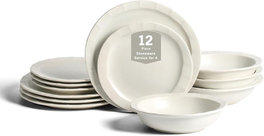 Stone Lain Oasis 12-Piece Dinnerware Set Stoneware, Dishwasher and Microwave Safe Plates and Bowls Set, Dish Set for 4, White