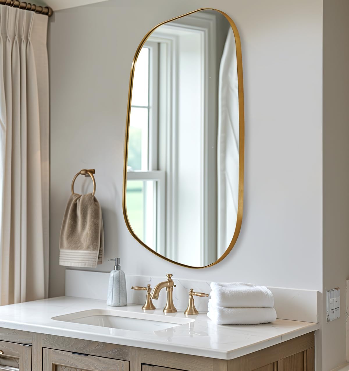ANDY STAR Gold Bathroom Mirror, 24"x36" Brushed Brass Asymmetrical Wall Mirror in Stainless Steel Metal Frame, Unique Vanity Mirror with Modern Curved Design, Ideal for Bathroom, Bedroom, Entryway