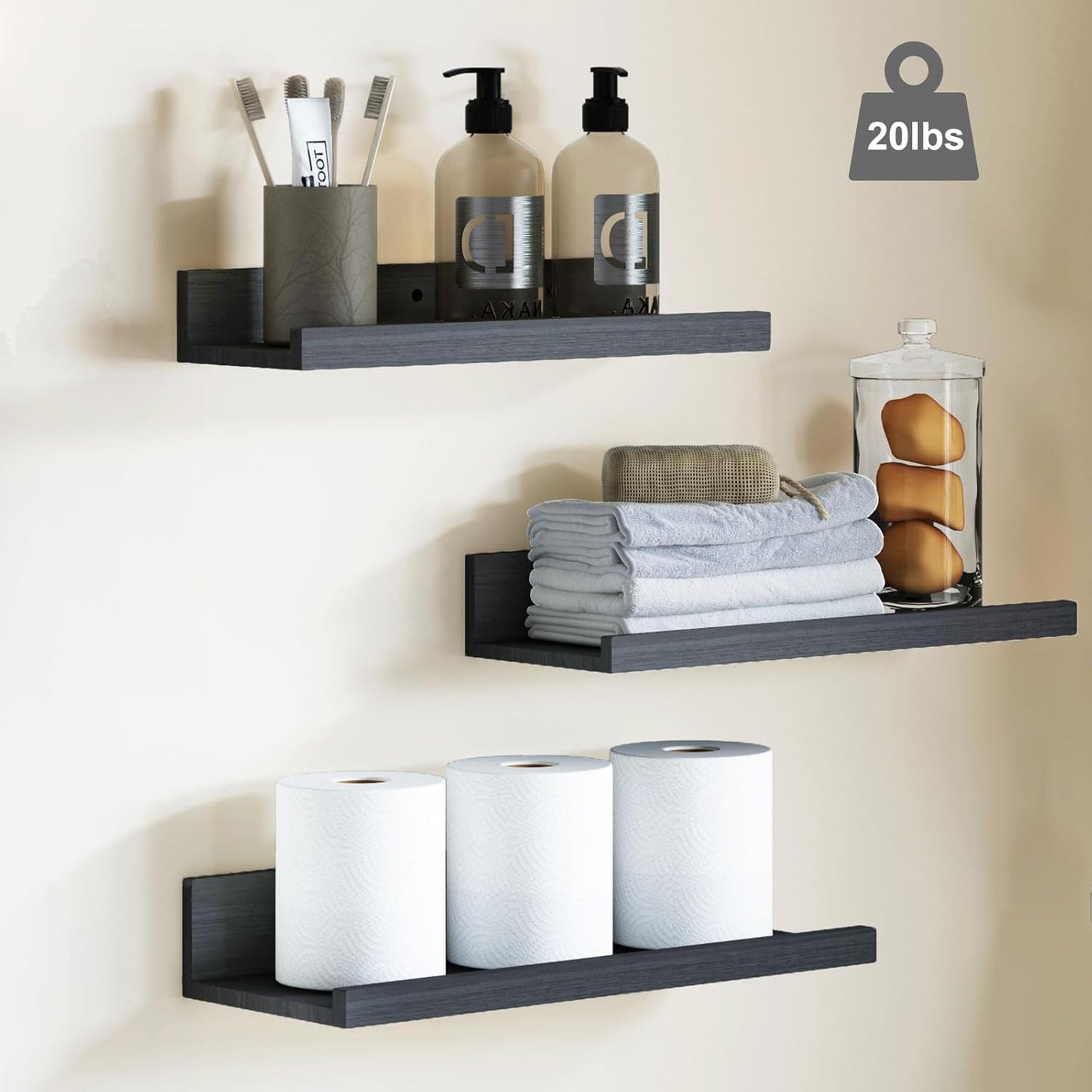 Fixwal Floating Shelves, 6 Sets of Wall Mounted Shelves for Home Decor, Modern Picture Ledge Shelves for Living Room, Bedroom, Bathroom, Kitchen (Black)