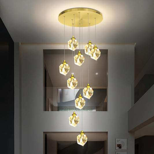 10-Lights Gold Crystal Chandeliers for Living Room 120 inches Long Staircase Chandelier Foyer Entrance Crystal Ceiling Light High Ceiling Chandeliers LED Dimmable 3000-6000K