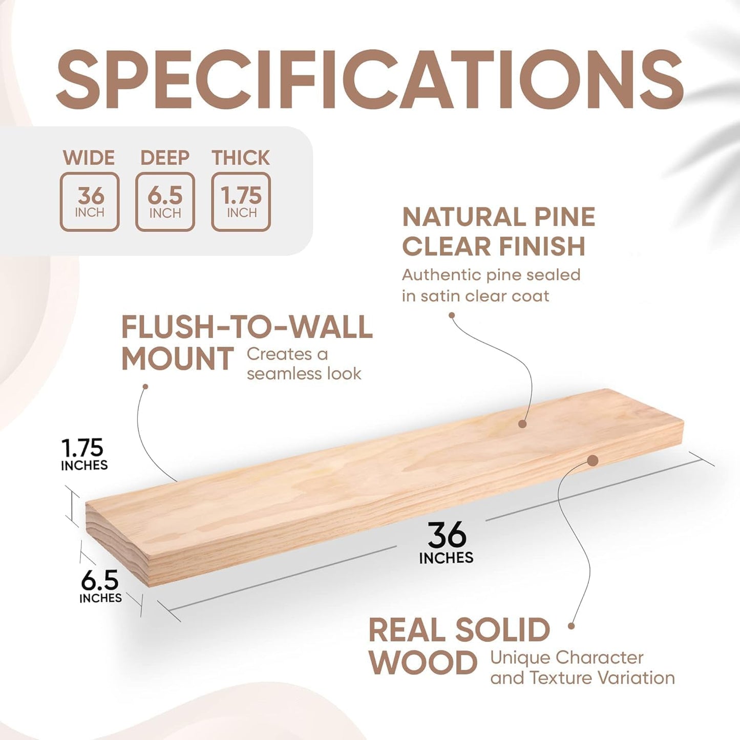 Homeforia 36 inch Natural Floating Shelf, High End Solid Real Wood 36inch Small Floating Shelves for Wall Mounted, Natural Wooden Floating Shelves, Heavy Duty Bracket, 36 X 6.5 X 1.75 in, Set of 4