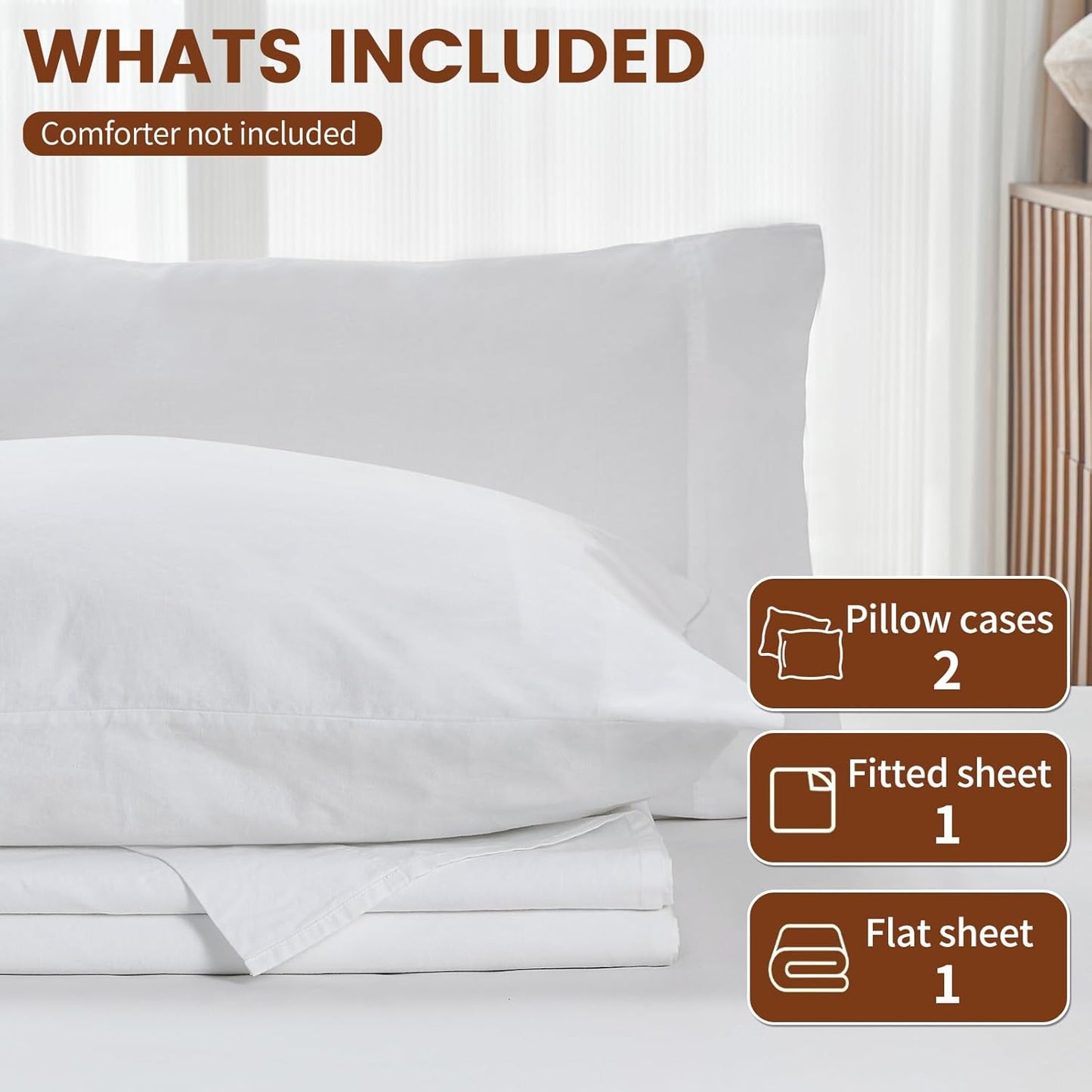 100% Linen Sheets California King Size,Breathable & Durable 4-Piece Bed Flax Sheet Set,Soft All-Season Bedding for Hot Sleepers 16" Deep Pocket Oeko-TEX Certified,（Cal King, White）