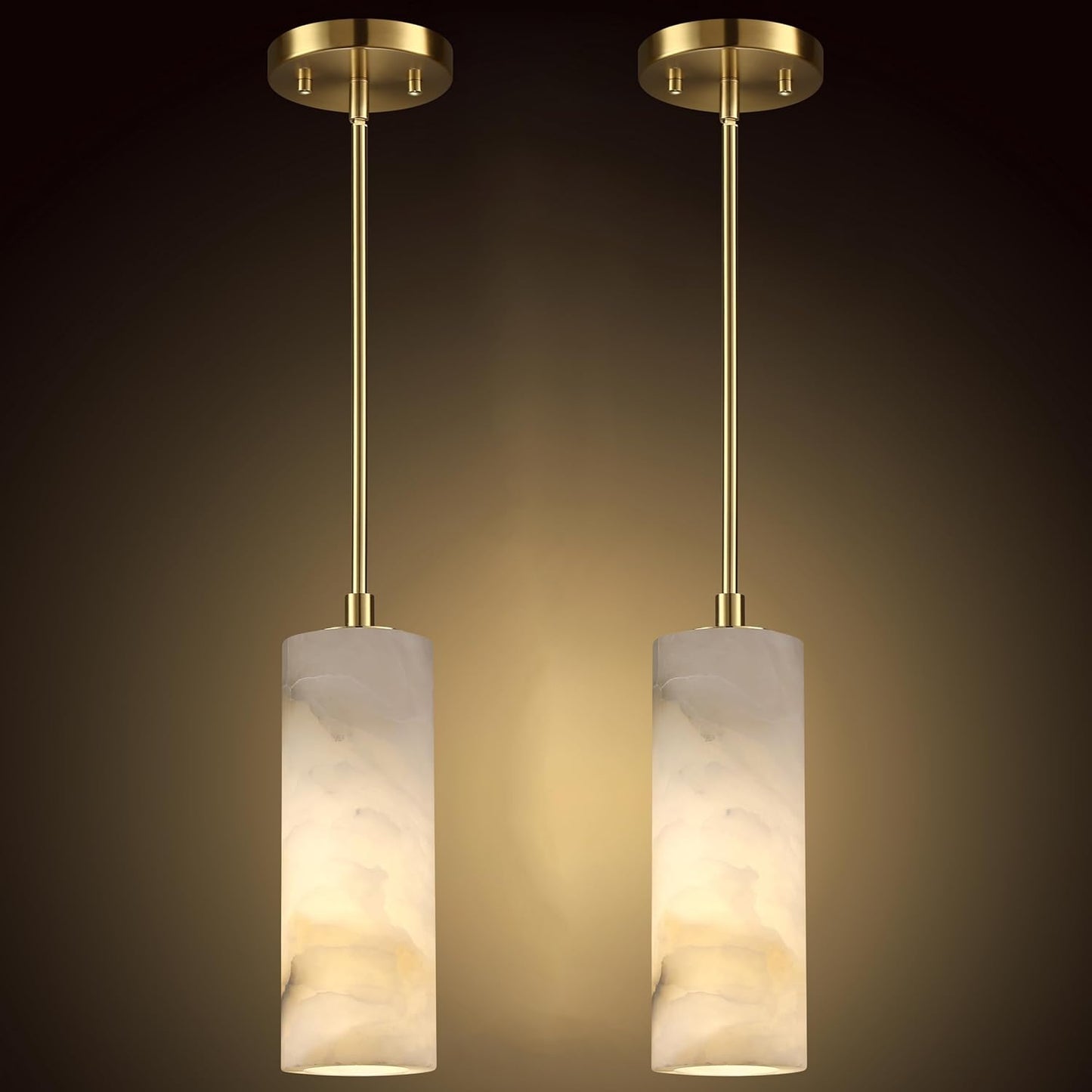 1 Light Modern Industrial Farmhouse Hanging Kitchen Island Pendant Ceiling Light Fixture,Cylinder Natural Alabaster Marble Brushed Bronze Finish Over Sink Restaurant bar Corridor