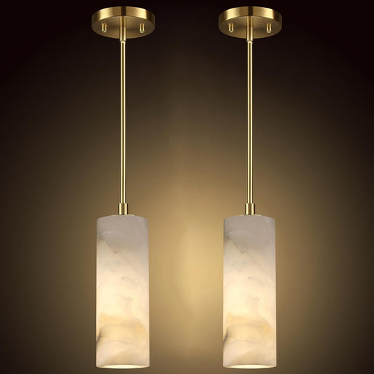 1 Light Modern Industrial Farmhouse Hanging Kitchen Island Pendant Ceiling Light Fixture,Cylinder Natural Alabaster Marble Brushed Bronze Finish Over Sink Restaurant bar Corridor