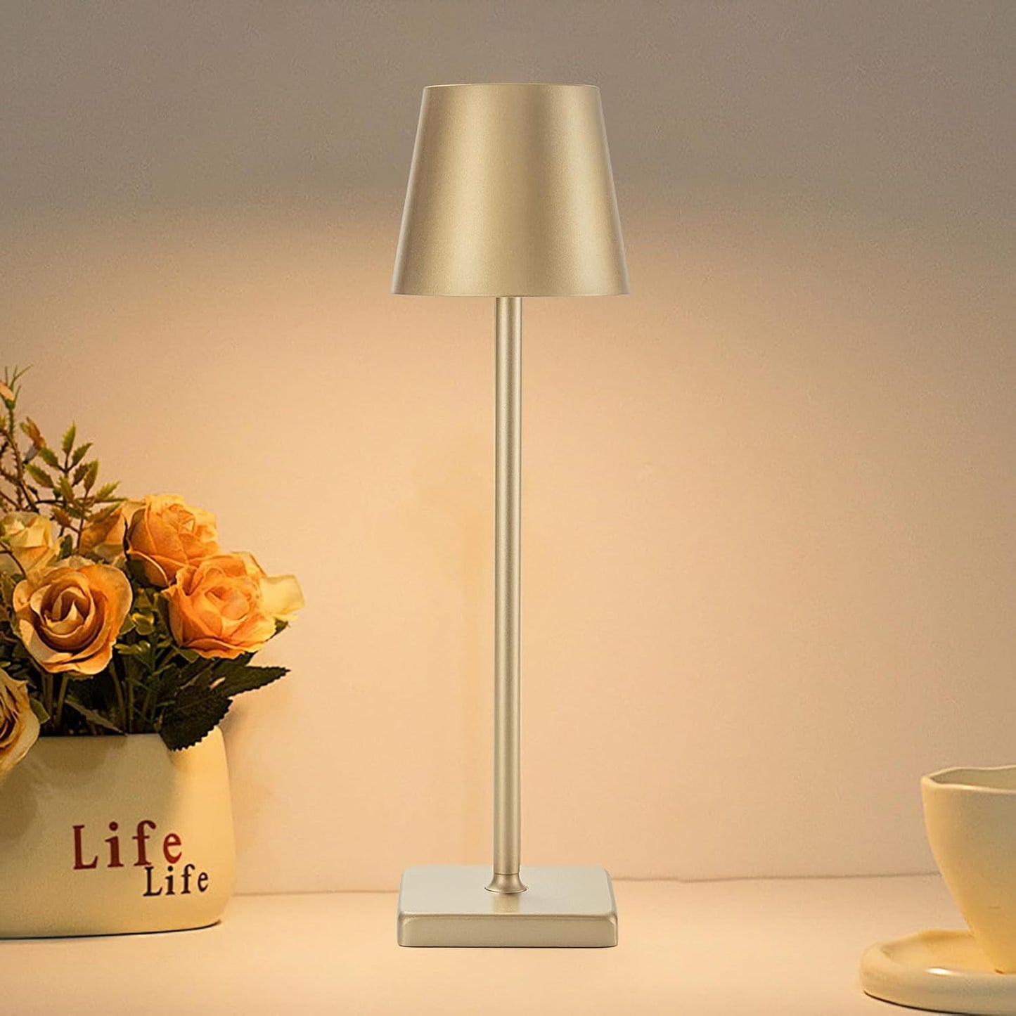 1 Pack Rechargeable Cordless Table Lamps, 5200mAh Battery Touch Table Light, Aluminum Shell Stepless Dimmable Portable LED Desk Lamp for Dinner/Restaurant/Outdoor Gold