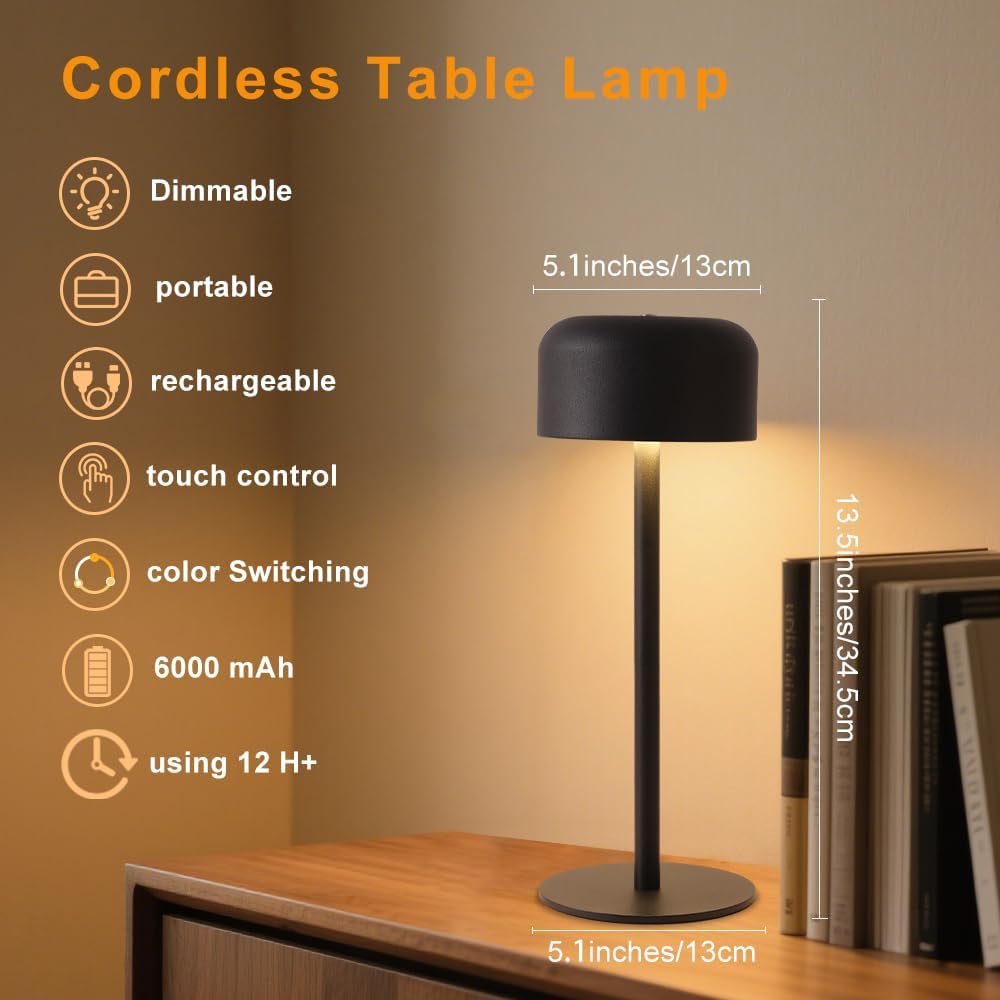 LED Cordless Table Lamp, Portable 5000mAh Outdoor Table Light, 3 Color Stepless Dimming BedsideTable Lamps with Memory Function, Rechargeable Battery Lamp For Kitchen/Dinner/Patio/Restaurant(Black)