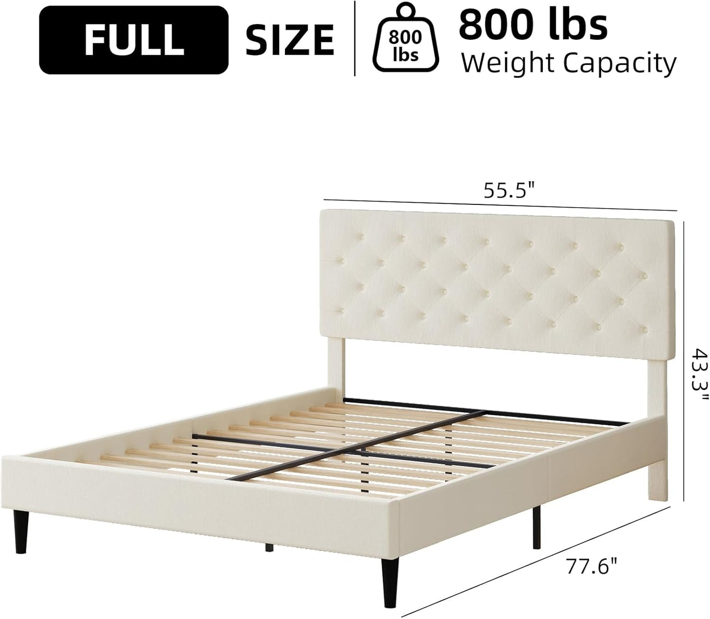 HOMBCK Full Size Bed Frame with Headboard, Linen Fabric Upholstered Platform Bed Frame, Button Tufted Bed Frame Full, Wooden Slat Support, No Box Spring Needed, Easy Assembly, Cream