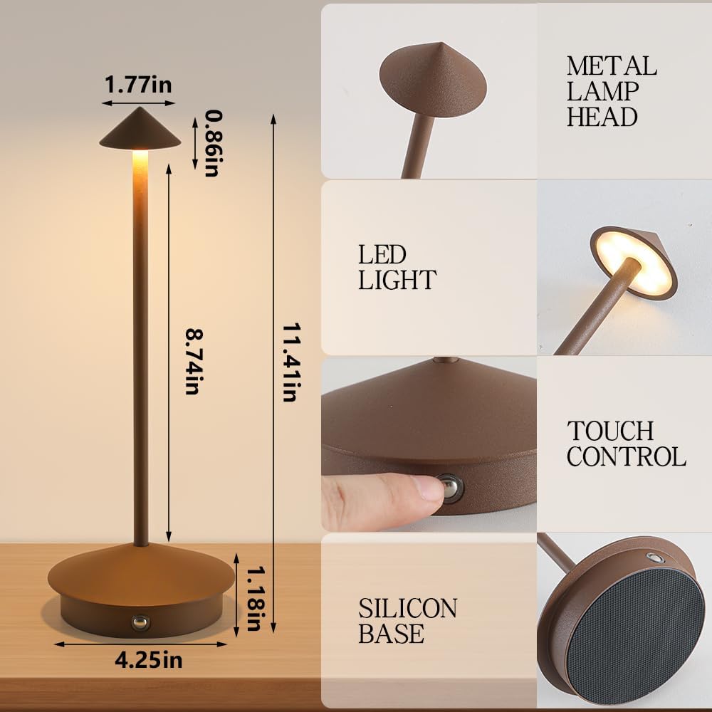 2 Pack LED Rechargeable Cordless Table Lamps,Portable Outdoor 5000mAh Battery Operated Table Light Touch Control 3 Color Dimmable Table Lamp for Patio/Cofee/Restaurant/Camping/Dining/Bedroom-Brown