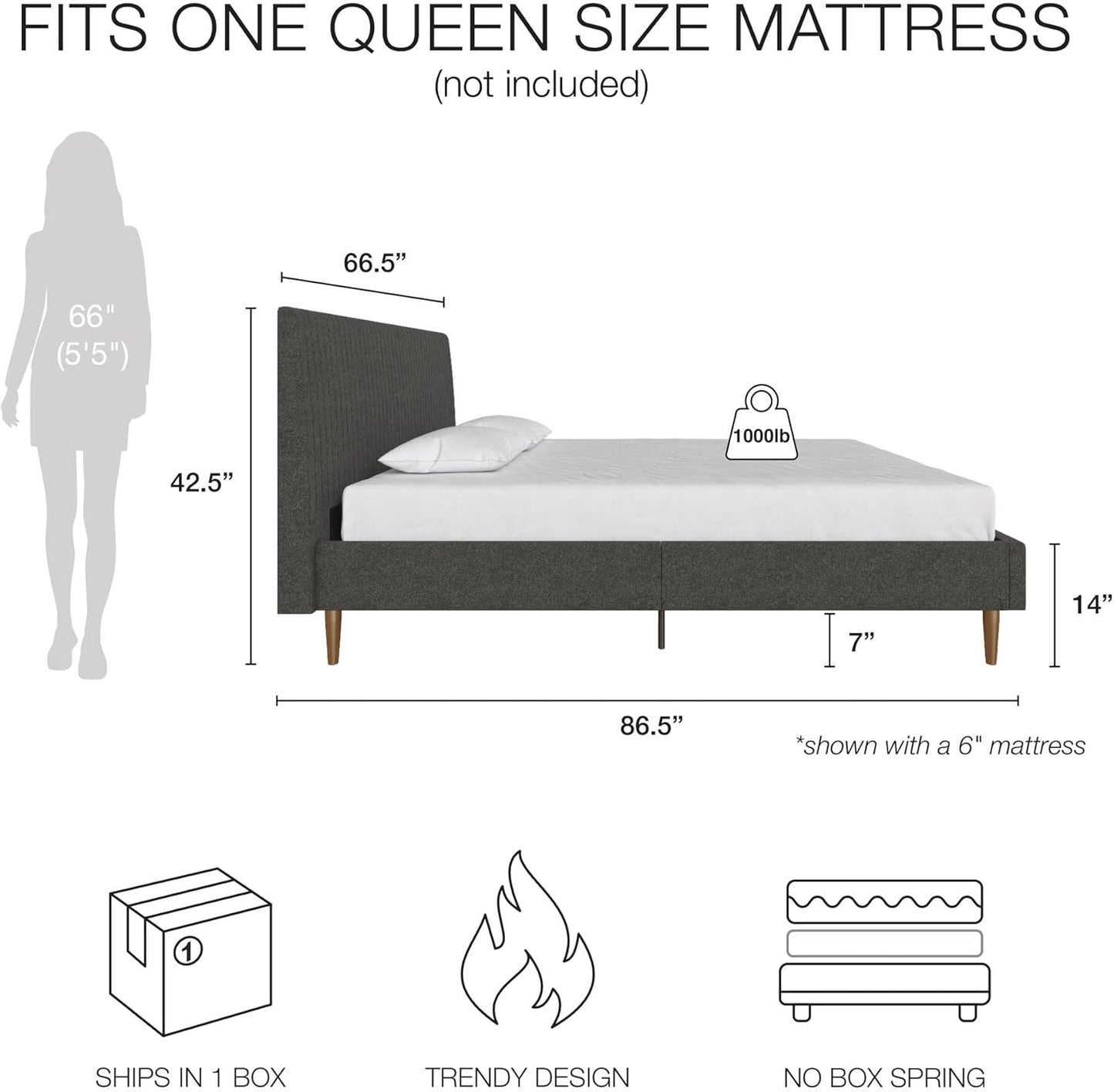 Mr. Kate Daphne Upholstered Queen Bed Frame with Headboard, Modern Platform Queen Bed Frame, Dark Gray Linen