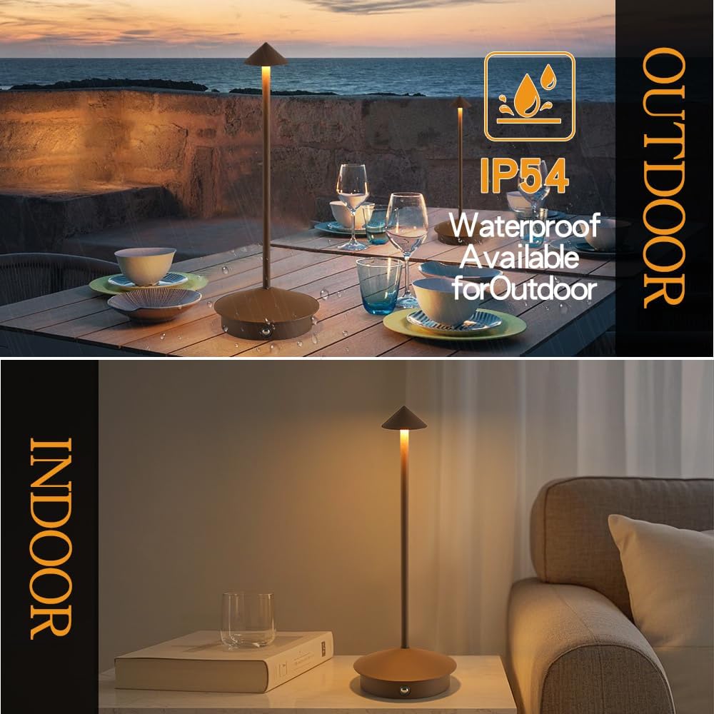 2 Pack LED Rechargeable Cordless Table Lamps,Portable Outdoor 5000mAh Battery Operated Table Light Touch Control 3 Color Dimmable Table Lamp for Patio/Cofee/Restaurant/Camping/Dining/Bedroom-Brown