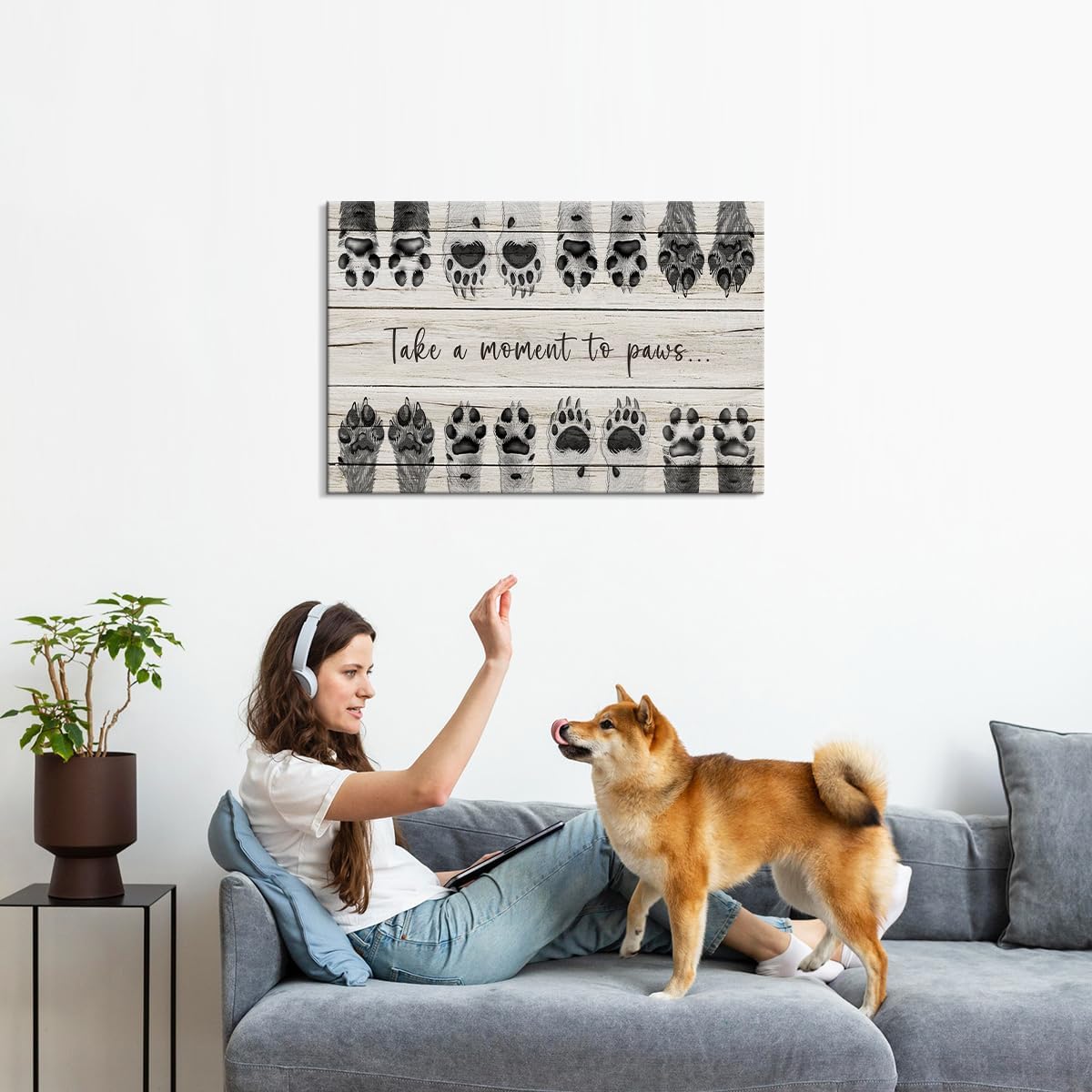 Dog Art Animal Canvas Wall Art Take a Moment to Paws Wall Art Dog Art Wall Decor Animal Pictures Paw Print Wall Decor Dog Picture Puppy Paw Print Dog Quotes Wall Decor for Bedroom Decor (16''Hx24''W)