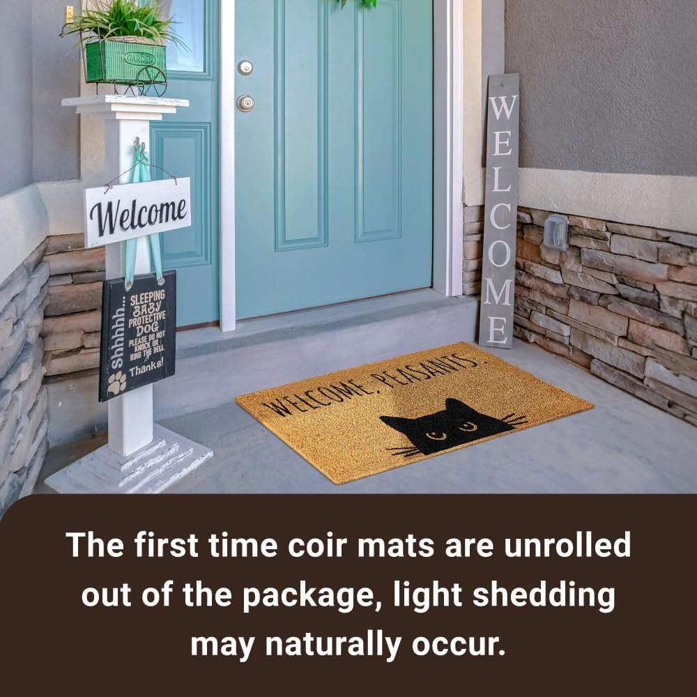 KANKUN Coco Coir Door Mat with Heavy Duty Backing, Welcome Doormat (17" x 30"), Doormat Entrance (Welcome Cat)